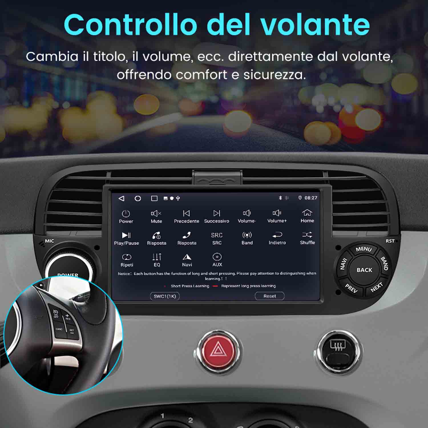 Cruscotto auto con touchscreen, volante e comandi.