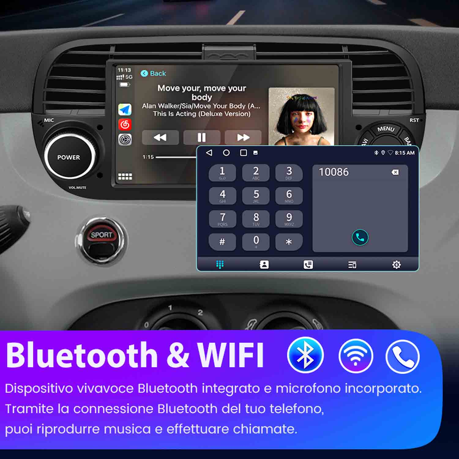 Interno auto con schermo infotainment che mostra musica e tastierino numerico.