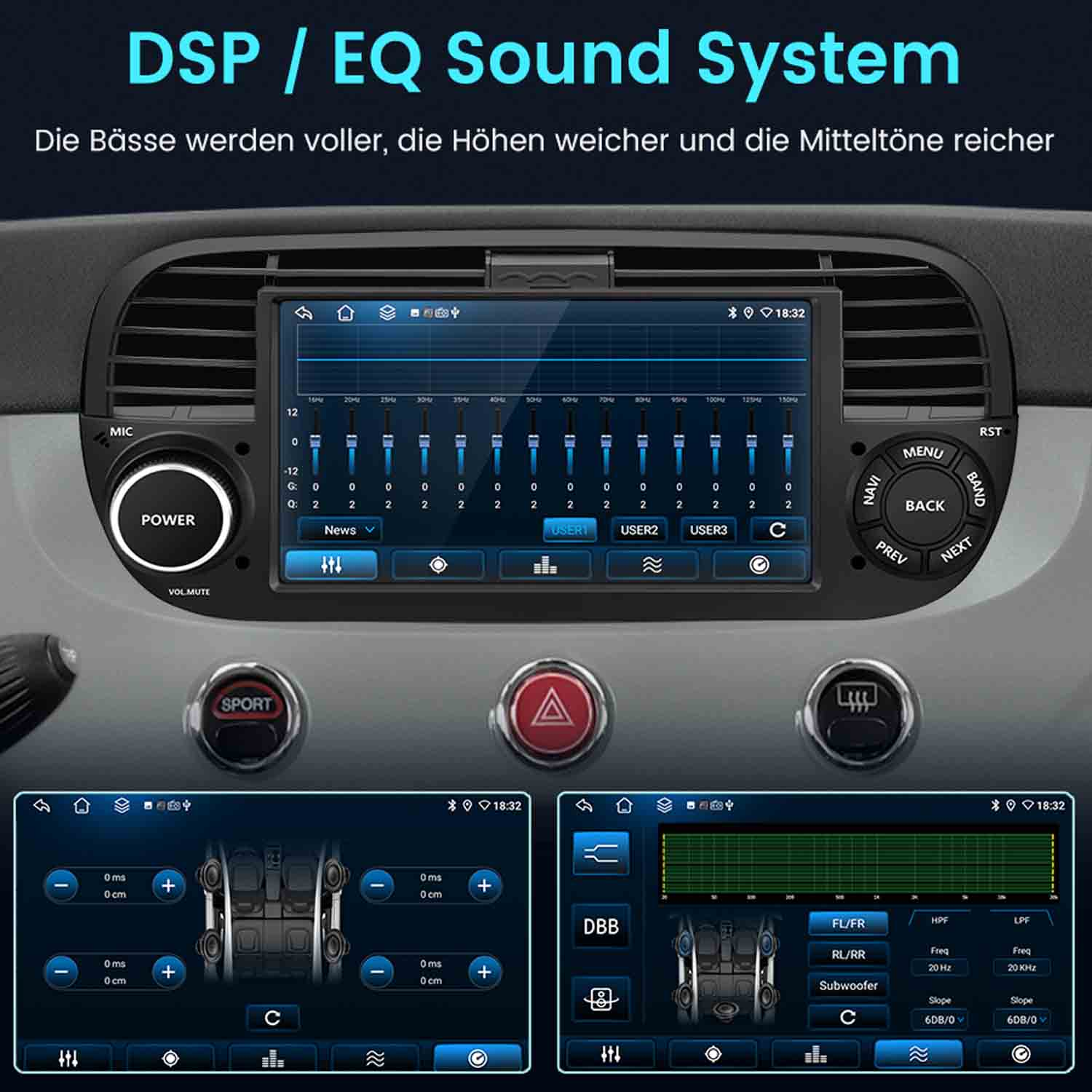 Display radio digitale per auto con impostazioni EQ, layout altoparlanti e frequenze di crossover.