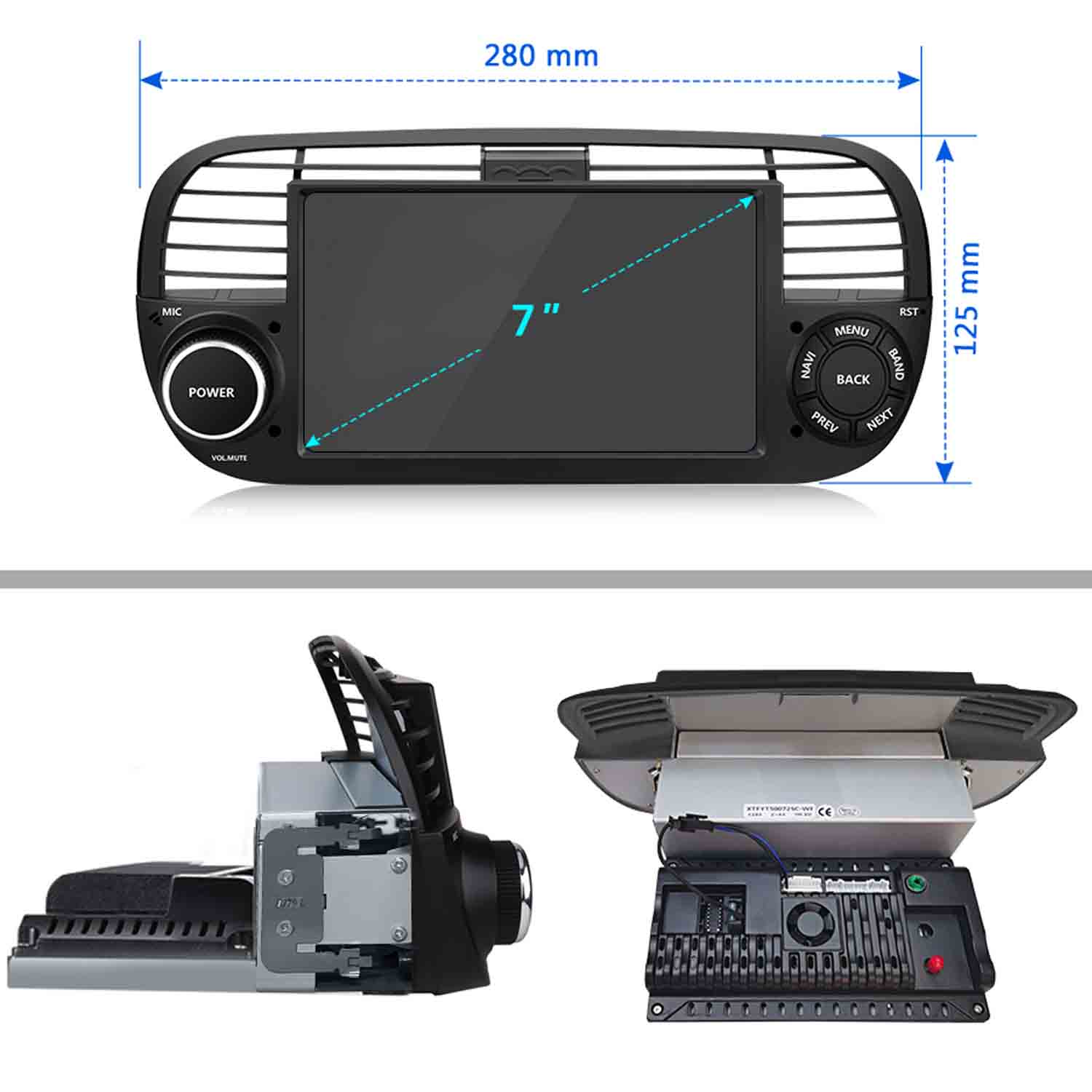 Un autoradio da 7 pollici con pulsanti e dimensioni di 280x125 mm.