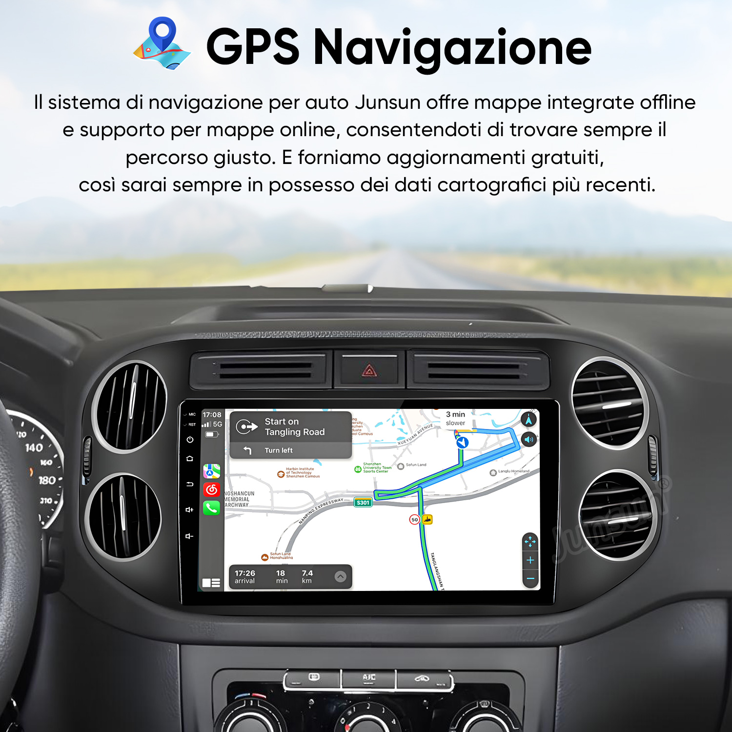 Cruscotto auto con schermo di navigazione GPS che mostra un percorso.