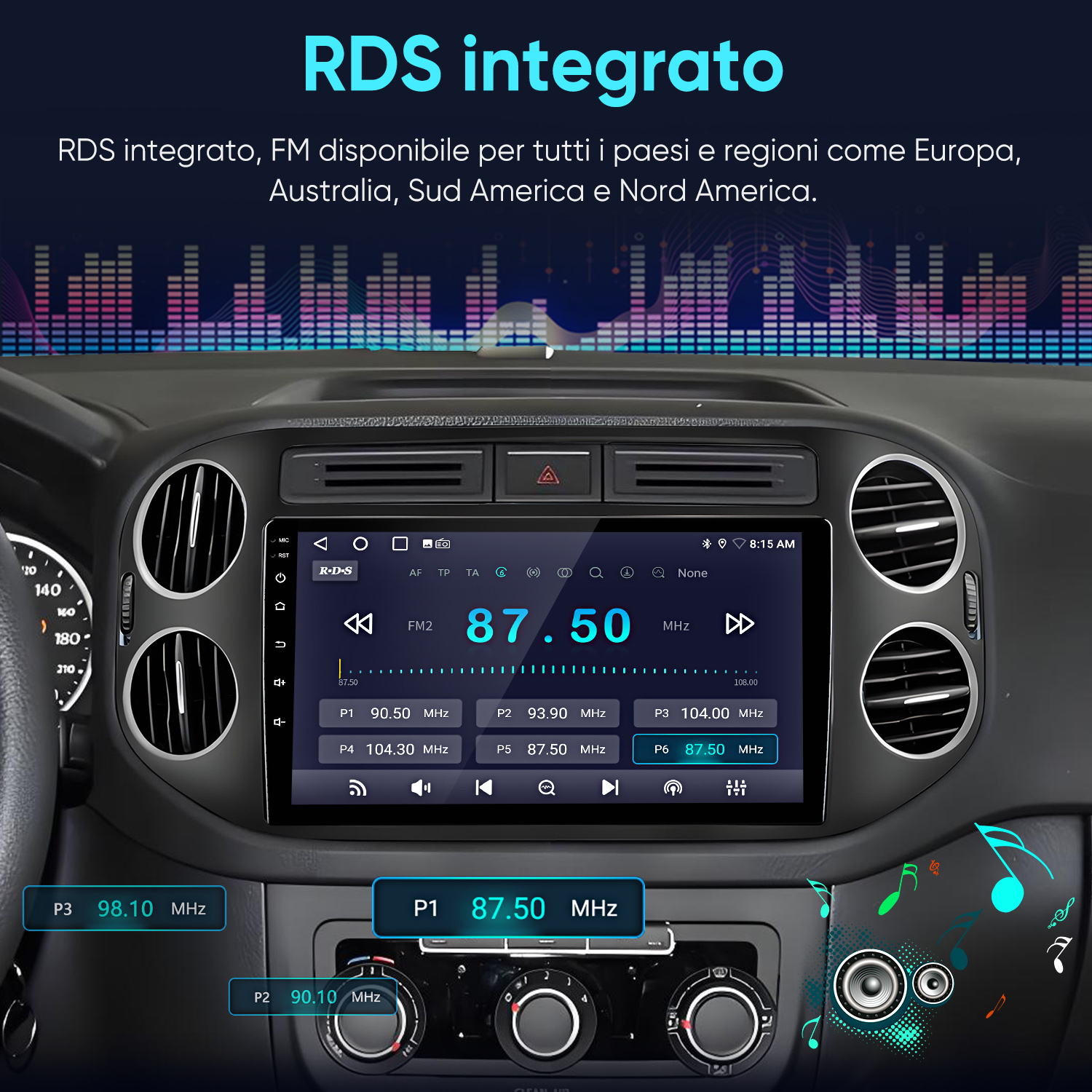 Autoradio con display RDS che mostra frequenze e stazioni FM. Note musicali sullo sfondo.