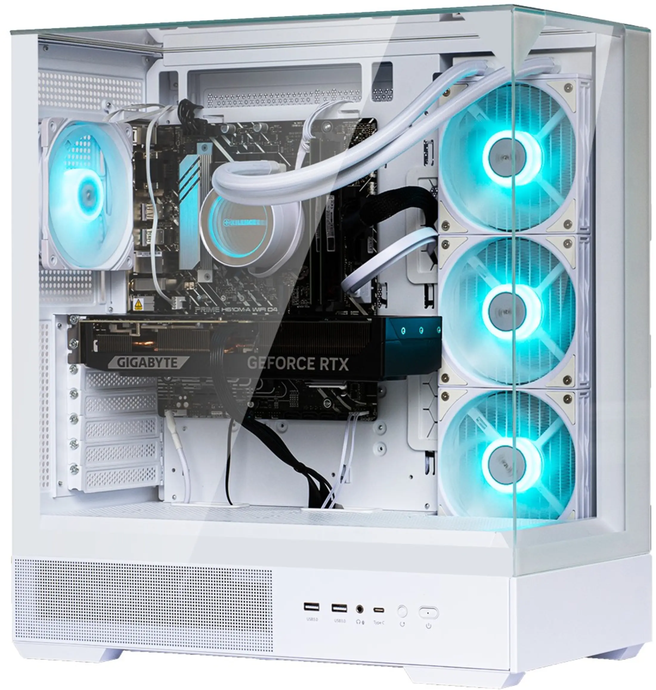 Een witte pc-behuizing met blauw verlichte ventilatoren en componenten.