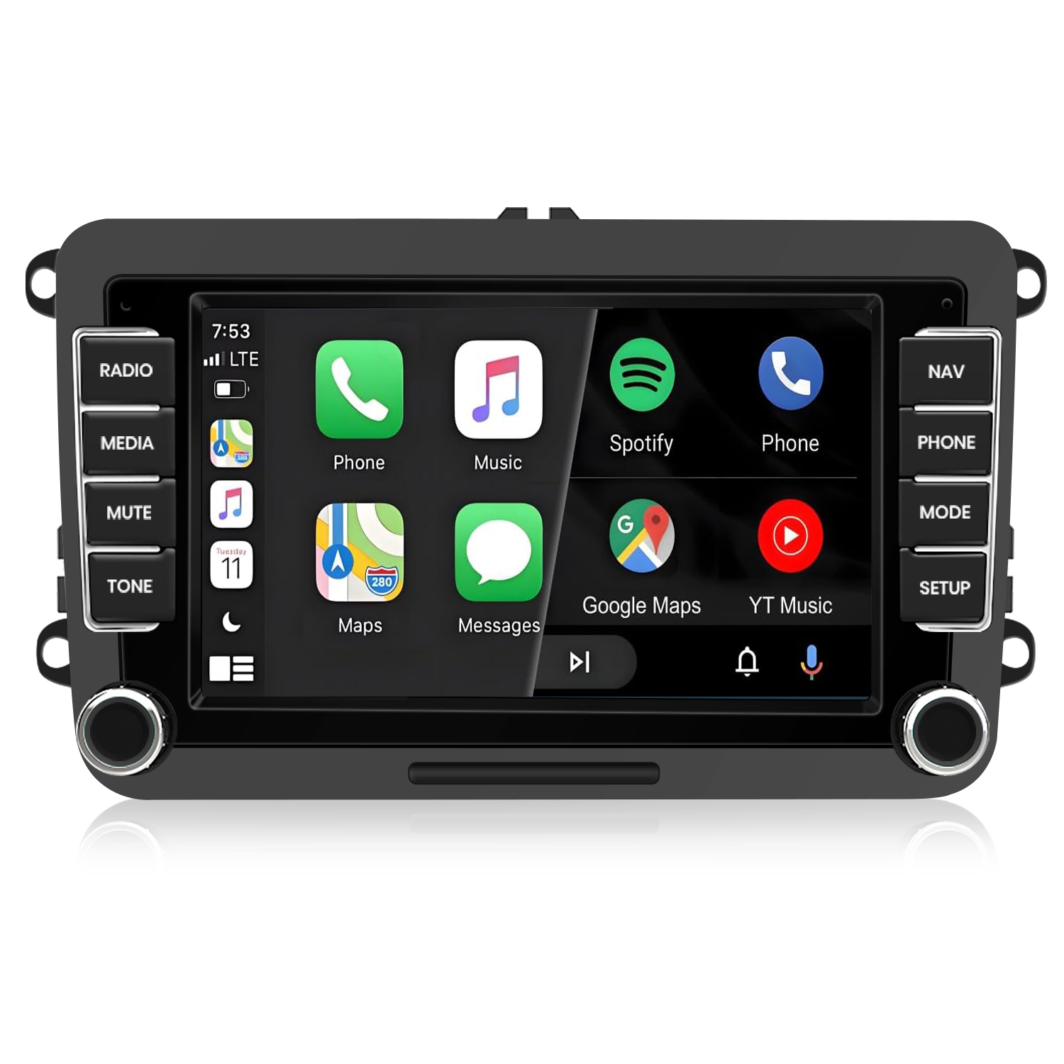 Un sistema di infotainment per auto con touchscreen mostra icone di app come Telefono, Musica, Spotify, Mappe e altro.