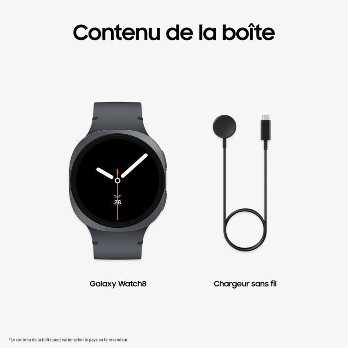 Szara Galaxy Watch8 z kablem i ładowarką na białym tle.