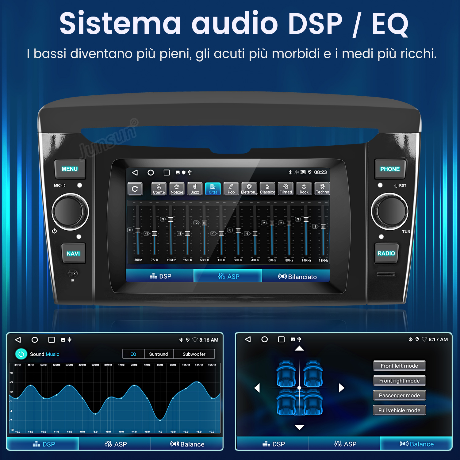 Un display per autoradio mostra impostazioni dell'equalizzatore e modalità audio.