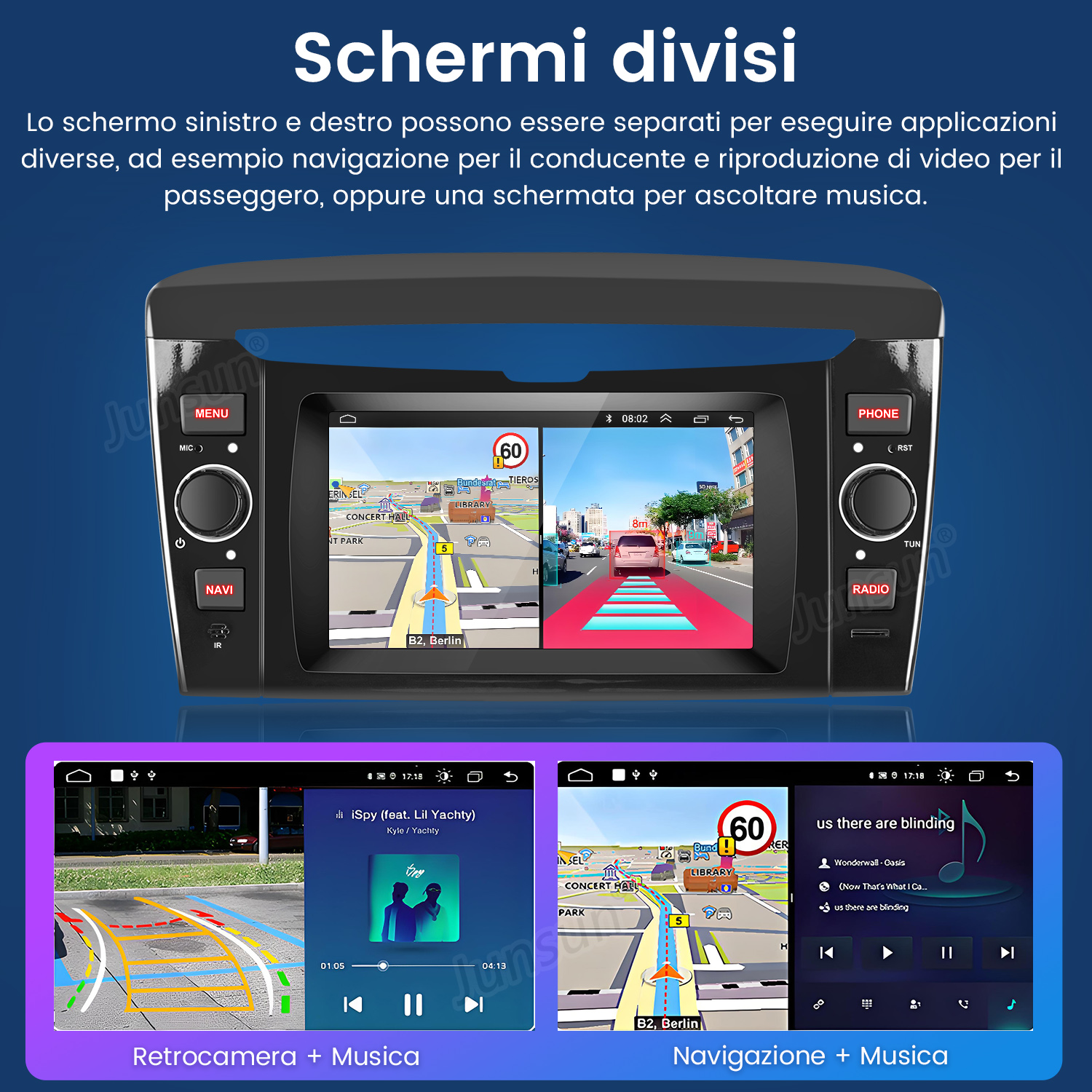Un'autoradio con schermo diviso mostra navigazione, musica e telecamera posteriore.