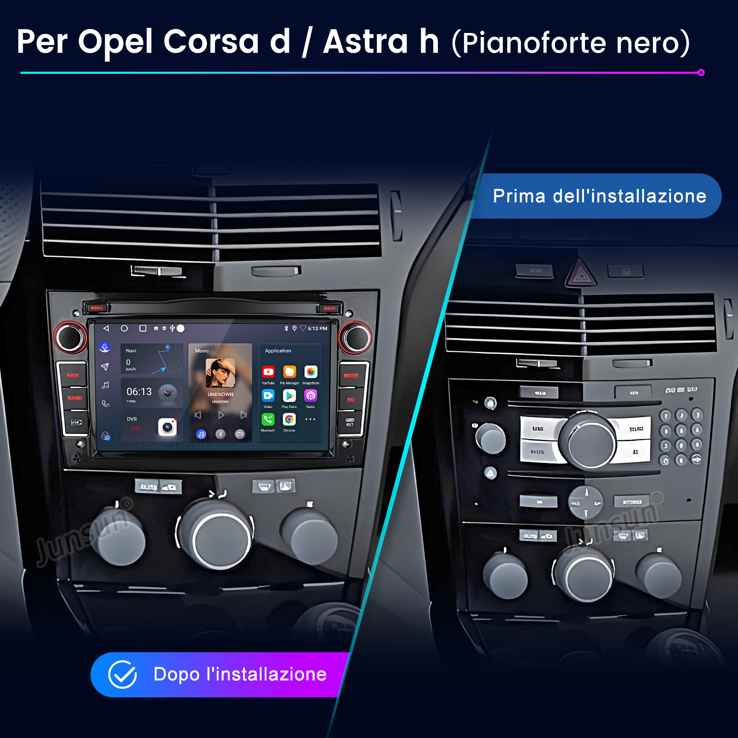 Confronto prima e dopo autoradio Opel Corsa/Astra con touchscreen.