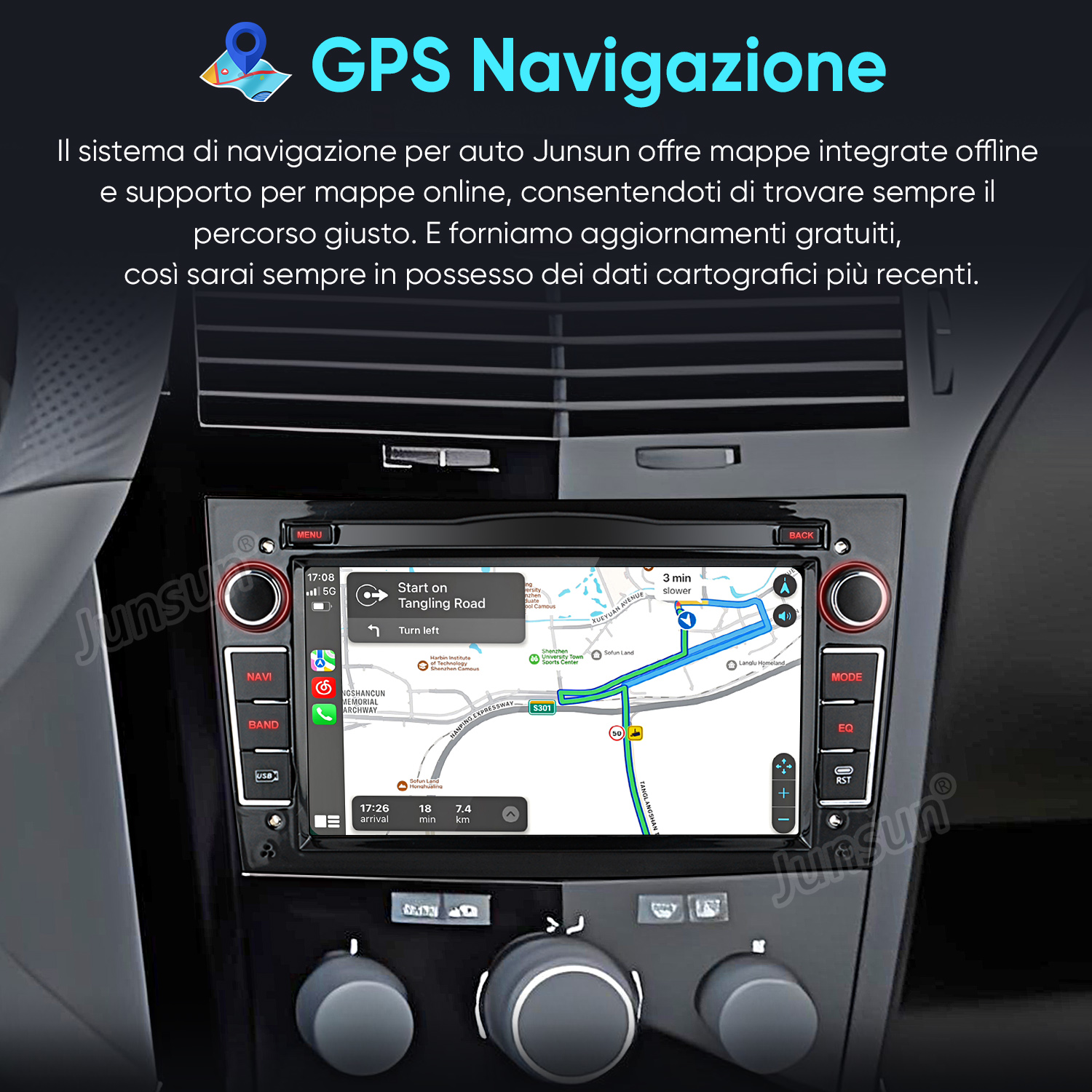 Sistema di navigazione auto con mappa, percorso e informazioni sul traffico.