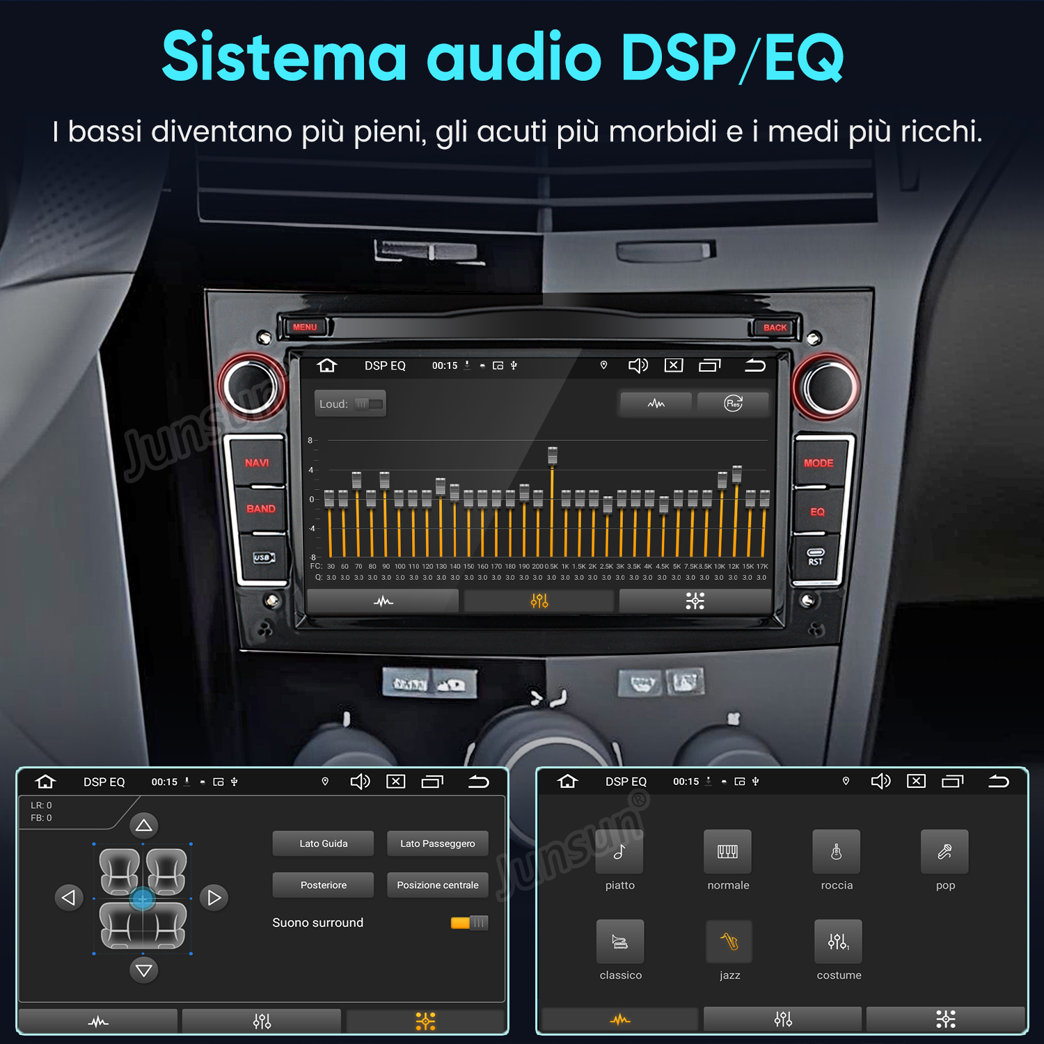 Sistema audio per auto DSP EQ con display equalizzatore e impostazioni.