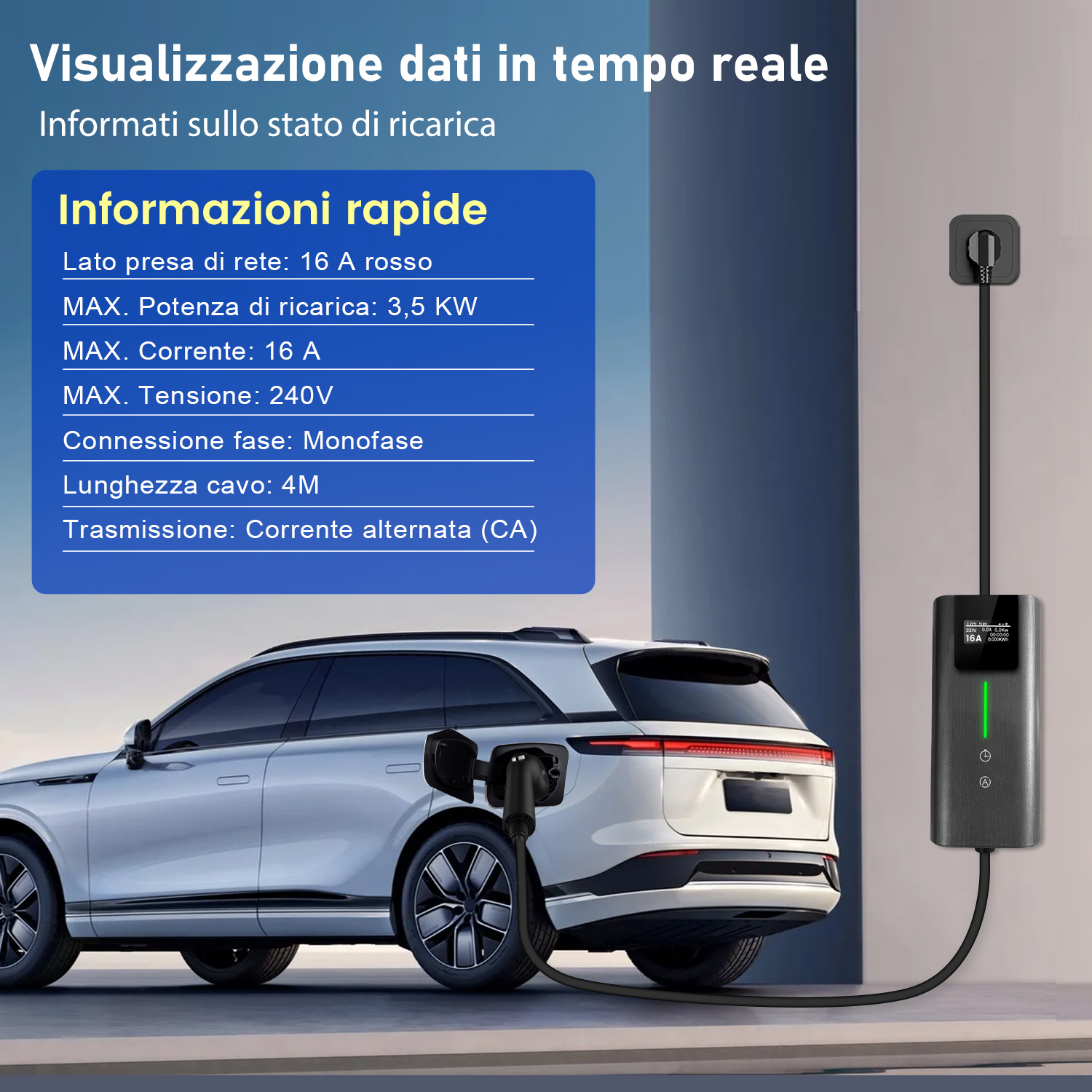 Un'auto elettrica bianca è in carica. Scatola di ricarica mostra 16A.