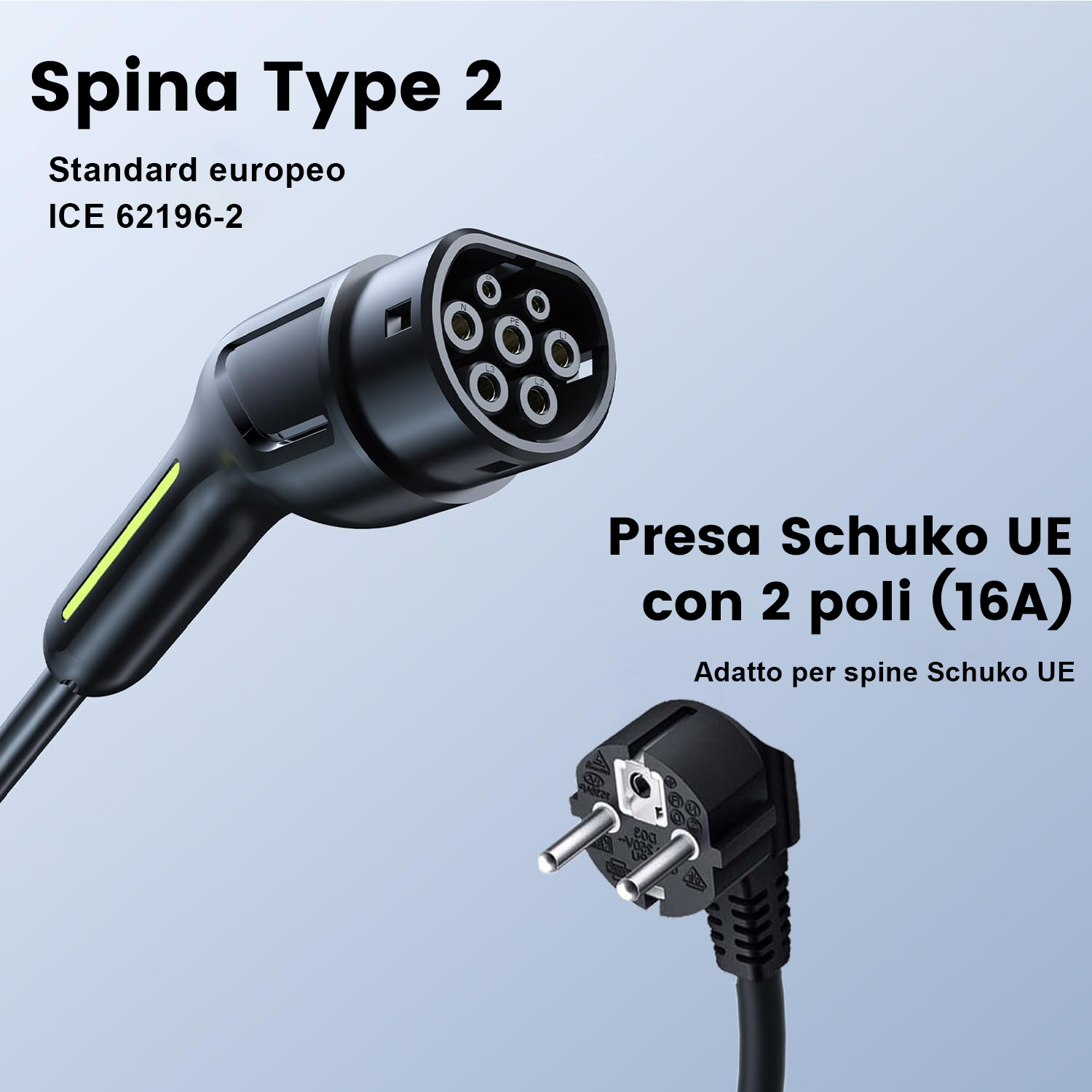 Spina Tipo 2 e presa Schuko a 2 poli (16A).