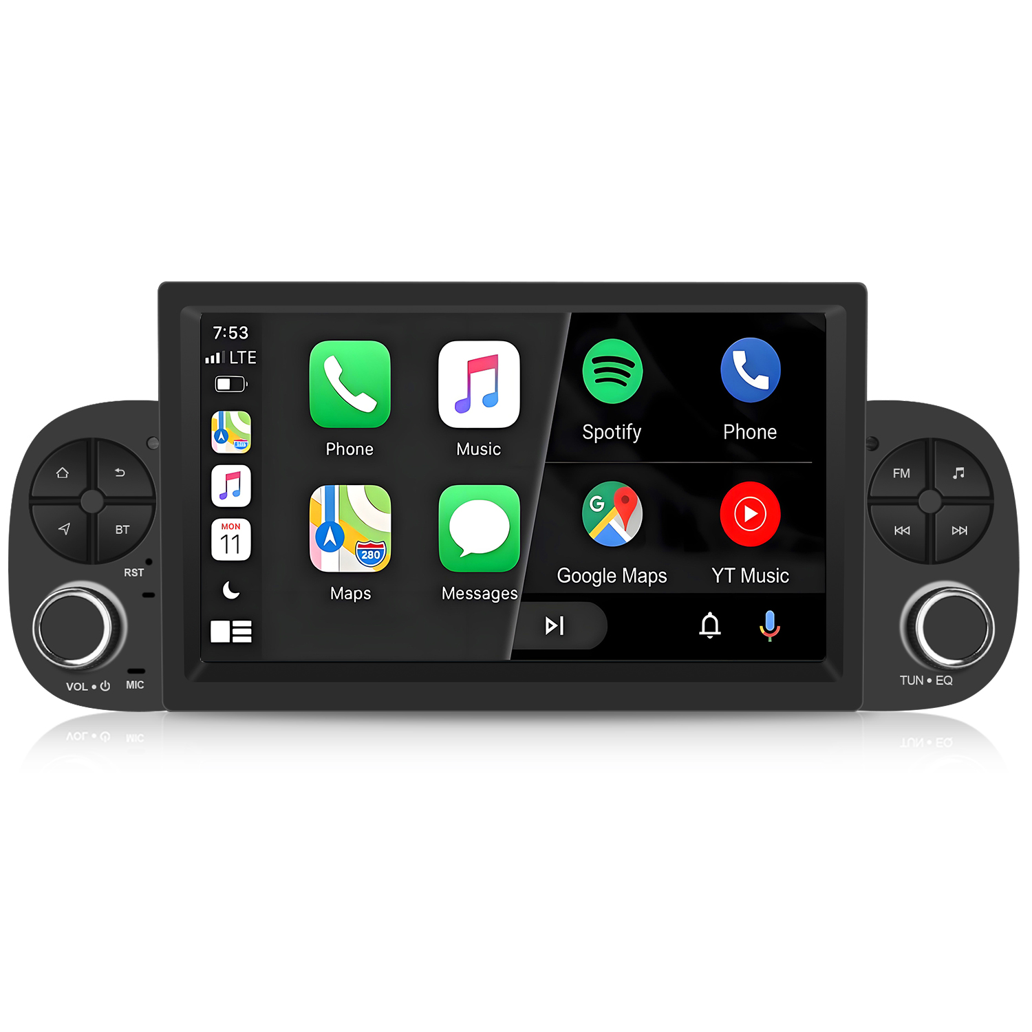 Uno schermo di infotainment per auto che mostra app come Telefono, Musica e Spotify.