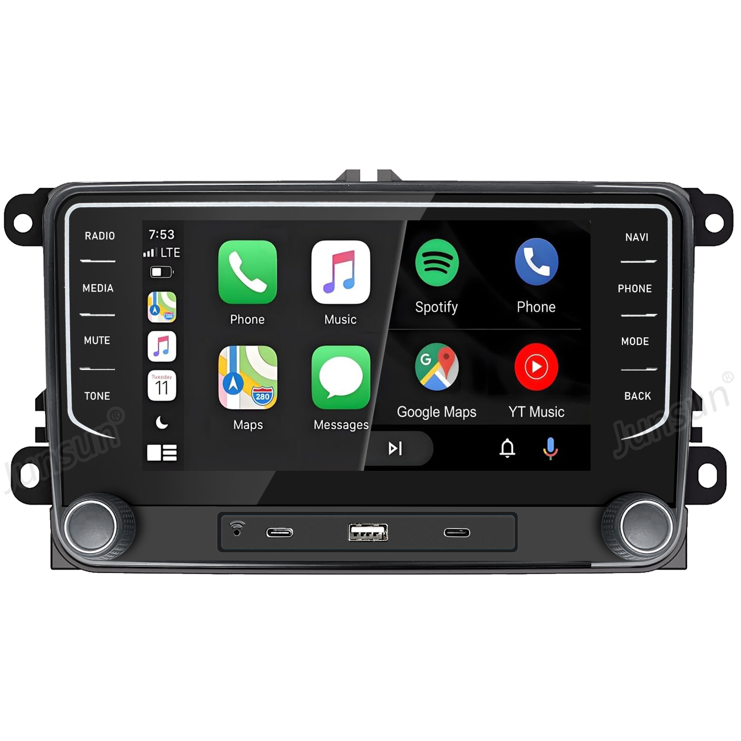Schermo infotainment auto con icone app per Telefono, Musica e Spotify.