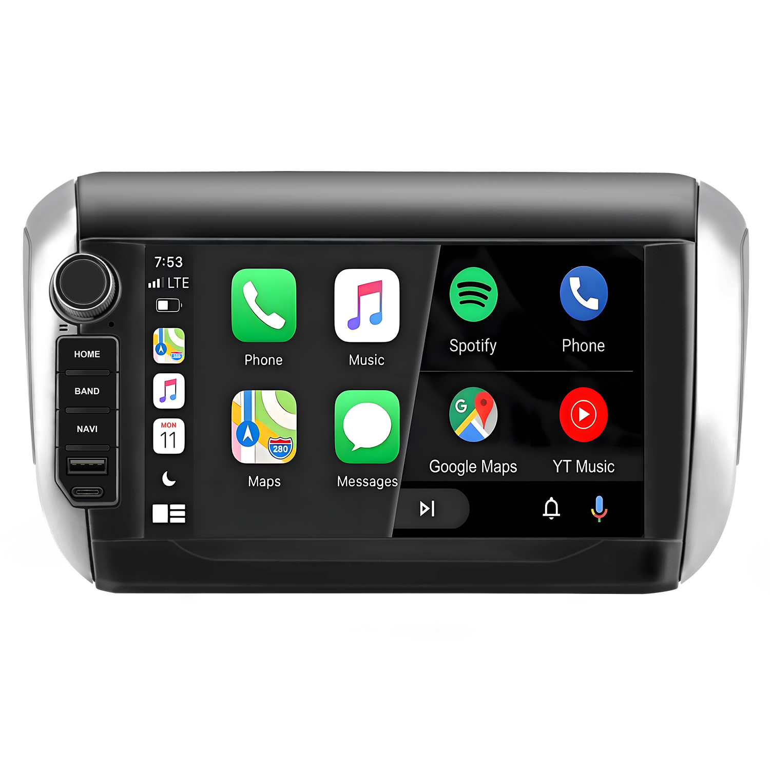 Schermo infotainment auto con icone per Telefono, Musica e Mappe.