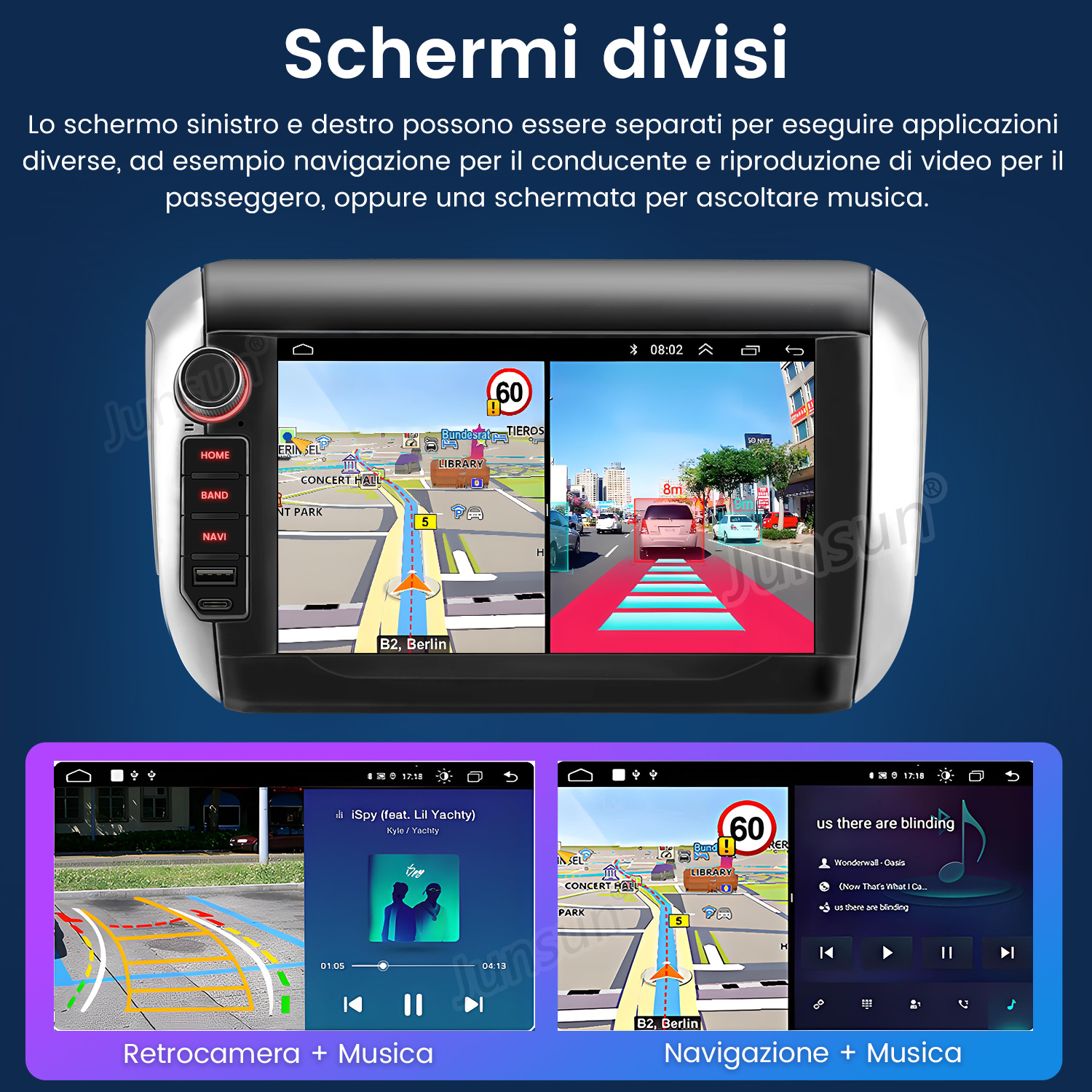 Schermo diviso mostra navigazione, retrocamera e riproduzione musicale.