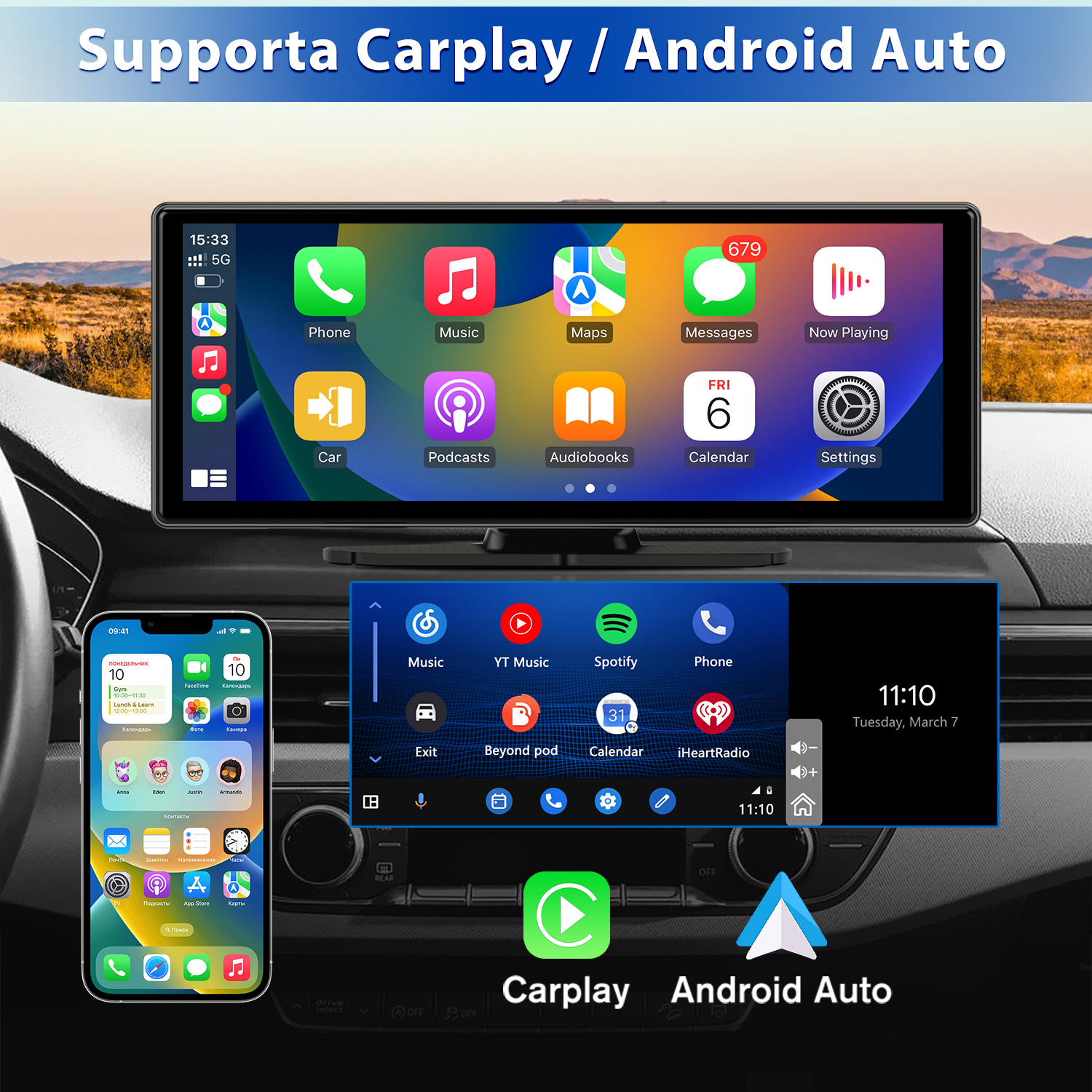 Cruscotto con due schermi: superiore mostra Apple CarPlay, inferiore mostra Android Auto.