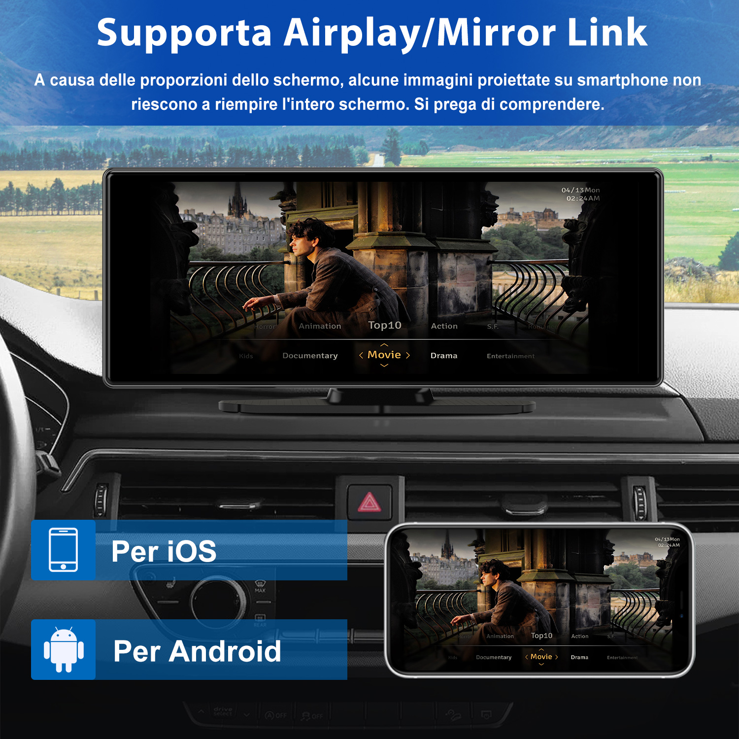 Un sistema di infotainment per auto con supporto AirPlay/Mirror Link mostra le opzioni dei film.