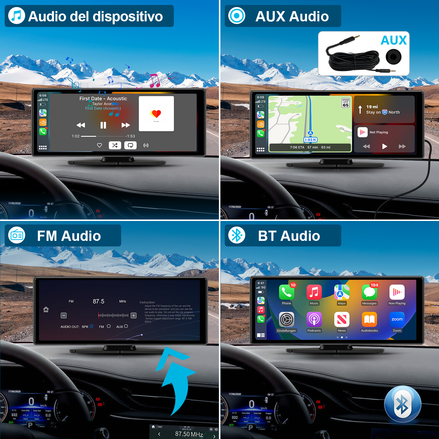 Quattro schermi di infotainment per auto mostrano opzioni audio musicali, di navigazione, FM e BT.