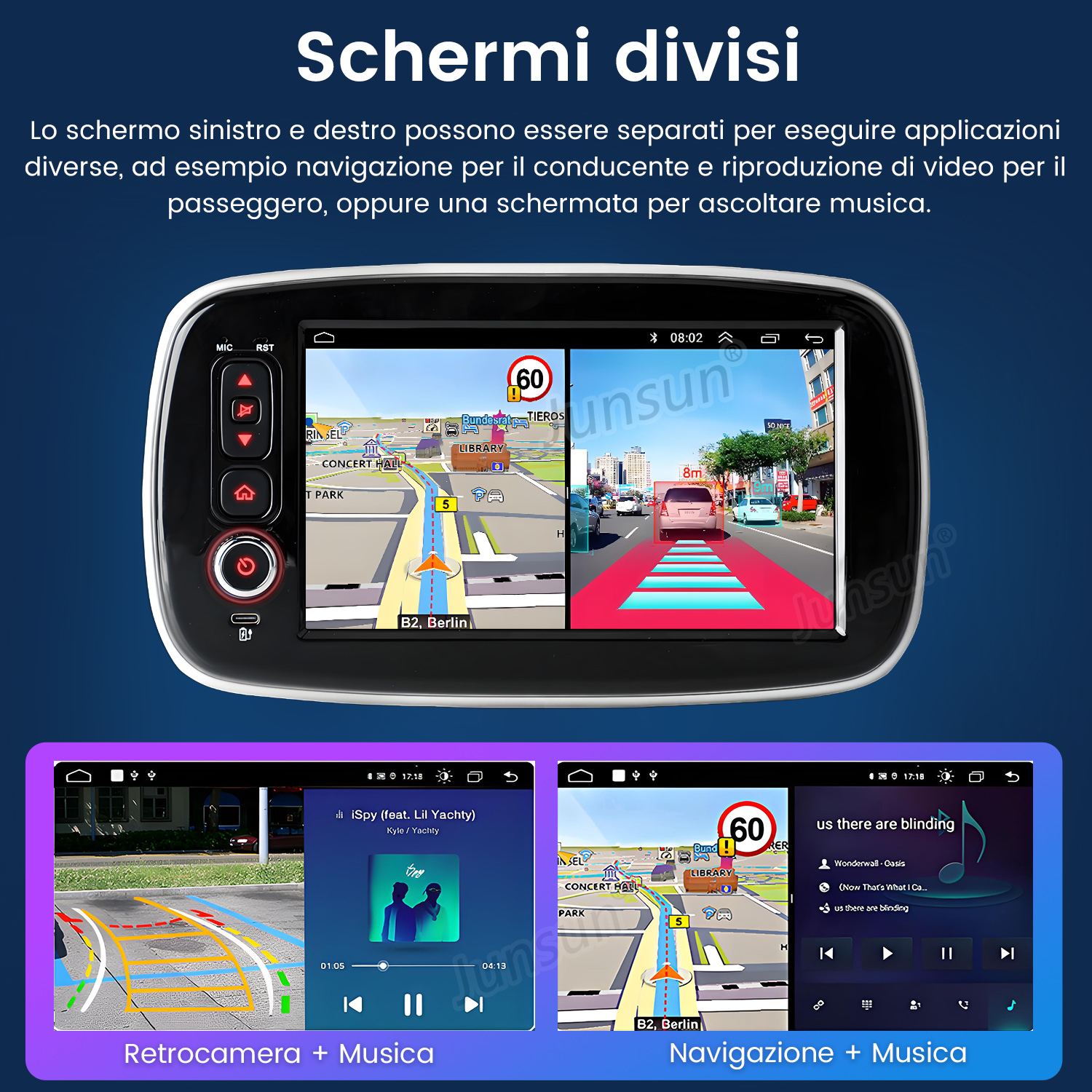 Uno schermo mostra navigazione a 60 km/h, l'altro musica.
