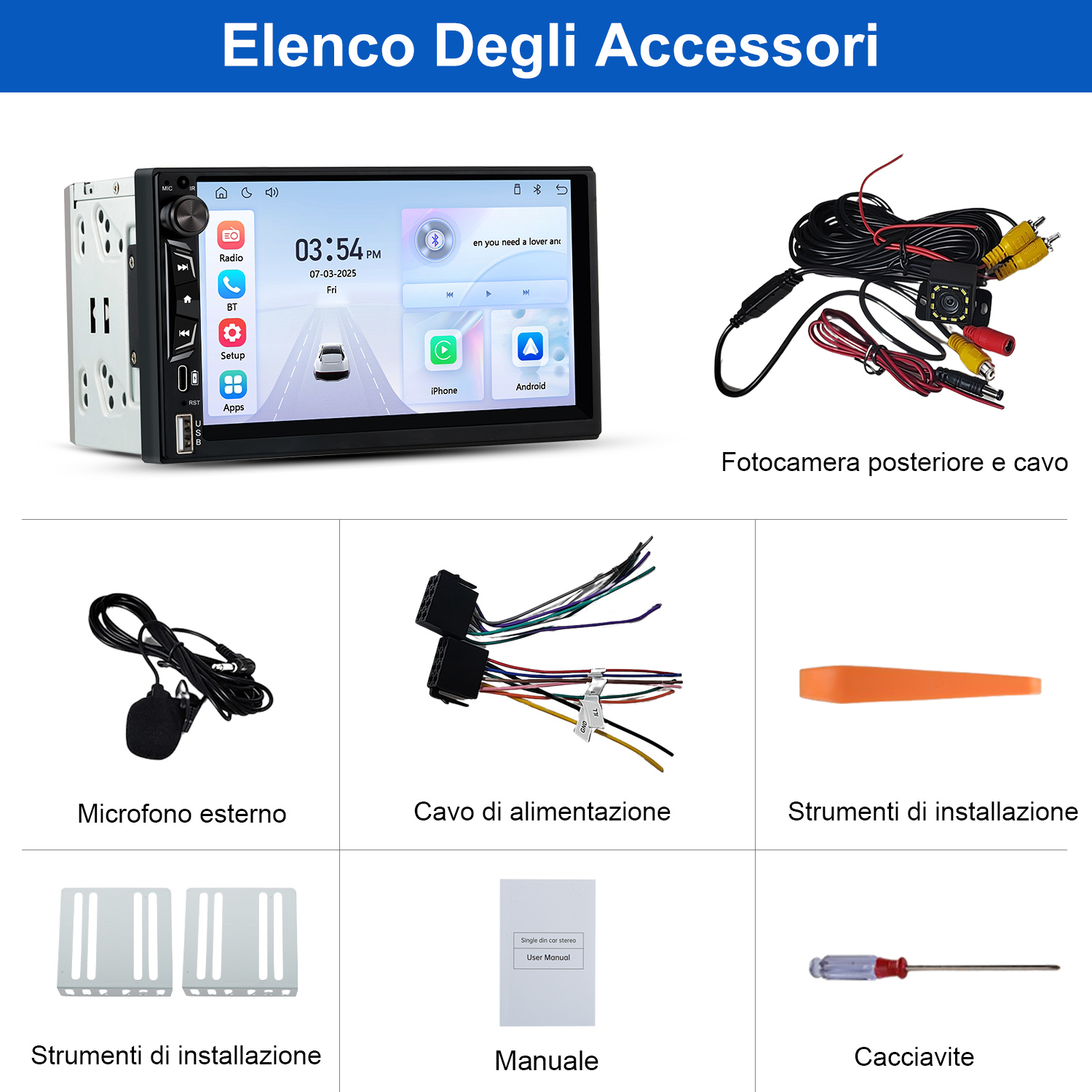 Accessori autoradio: schermo, telecamera, microfono, cavi, strumenti, manuale.