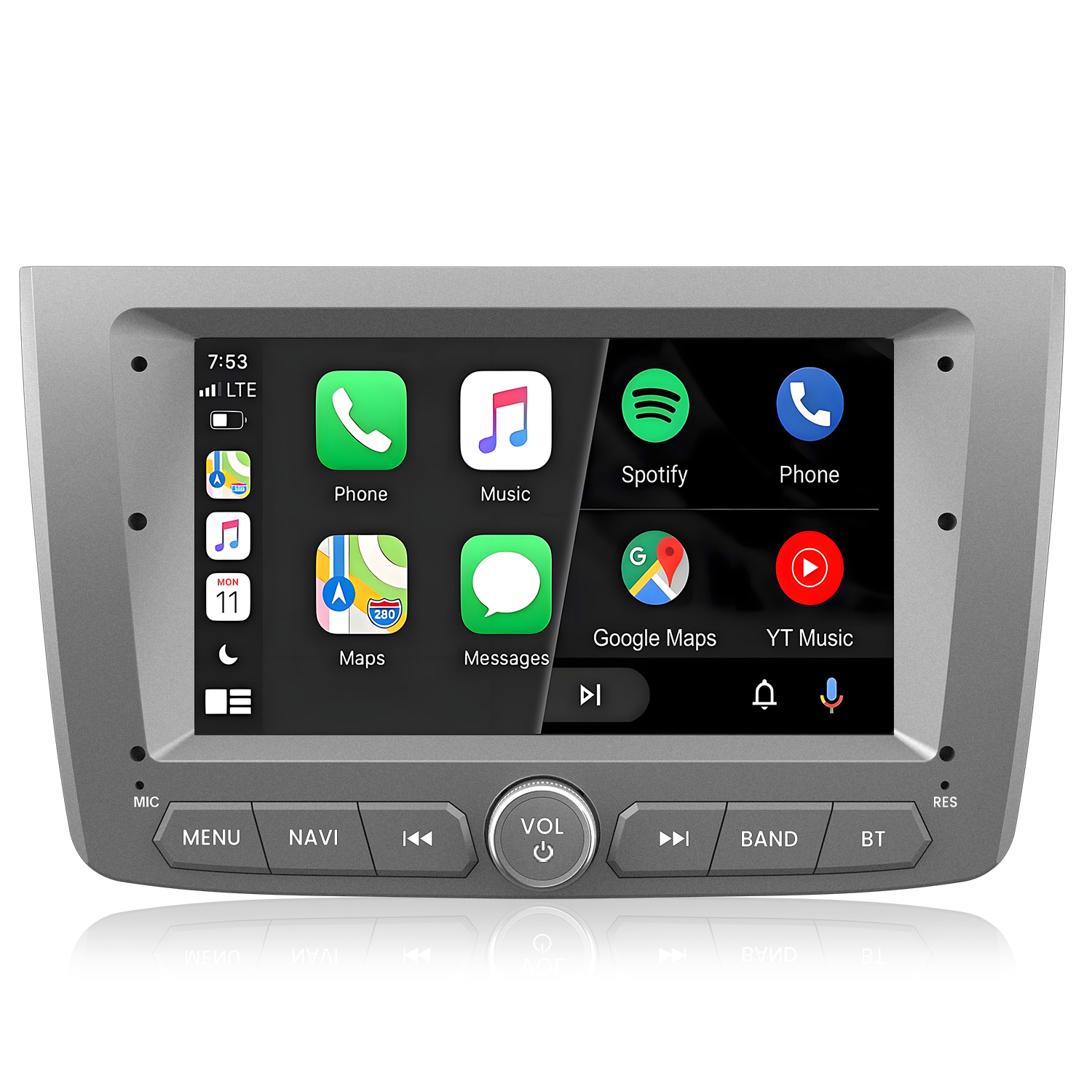 Display autoradio grigio con icone app: Telefono, Musica, Spotify, Mappe, Messaggi.