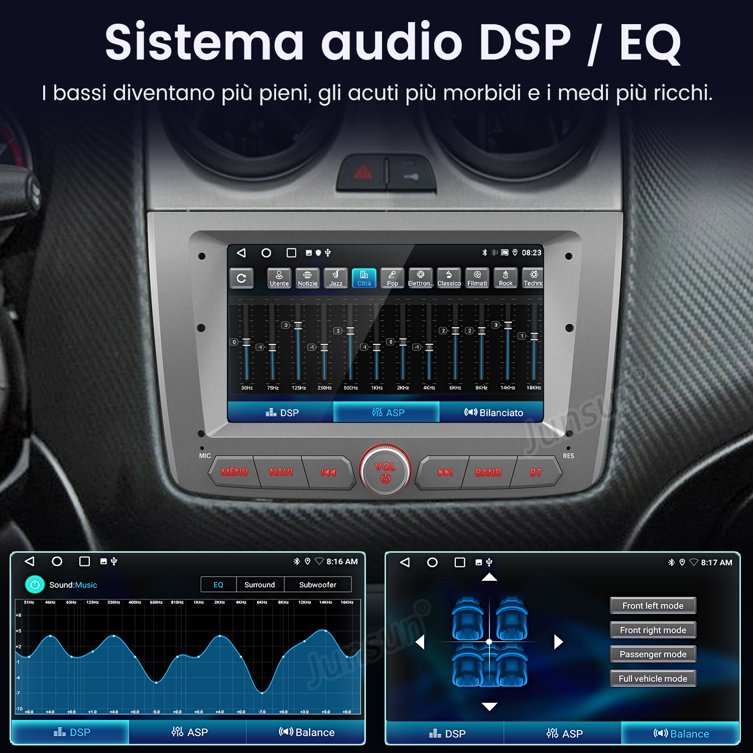 Uno schermo infotainment auto mostra impostazioni DSP/EQ con barre equalizzatore.