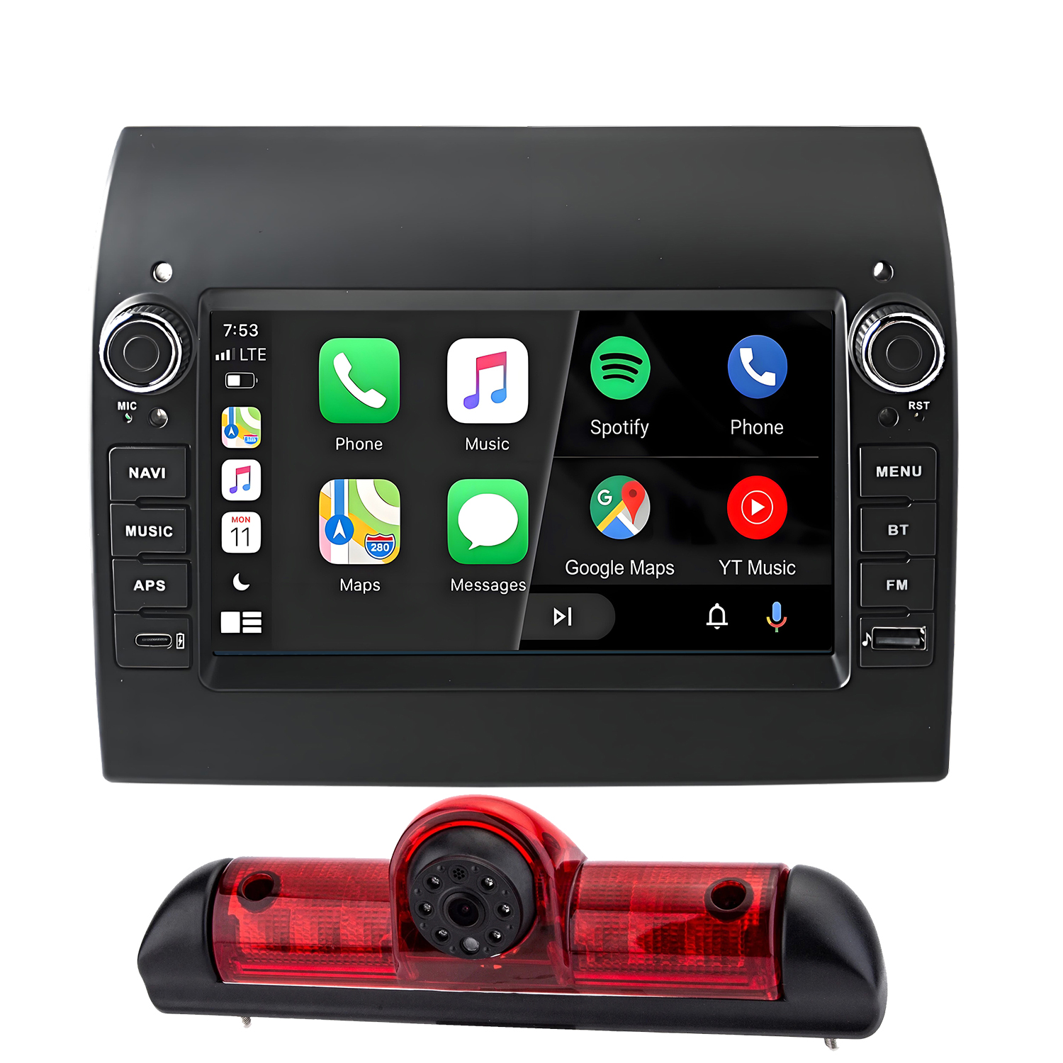 Sistema di infotainment per auto con touchscreen che mostra app e una telecamera di retromarcia sotto.