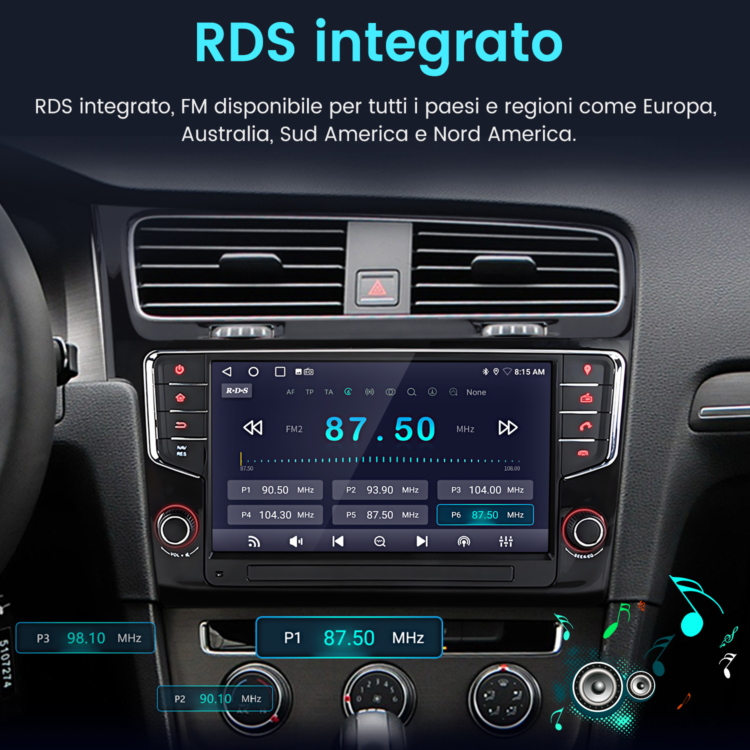 L'immagine mostra il cruscotto di un'auto con un moderno sistema di infotainment.
