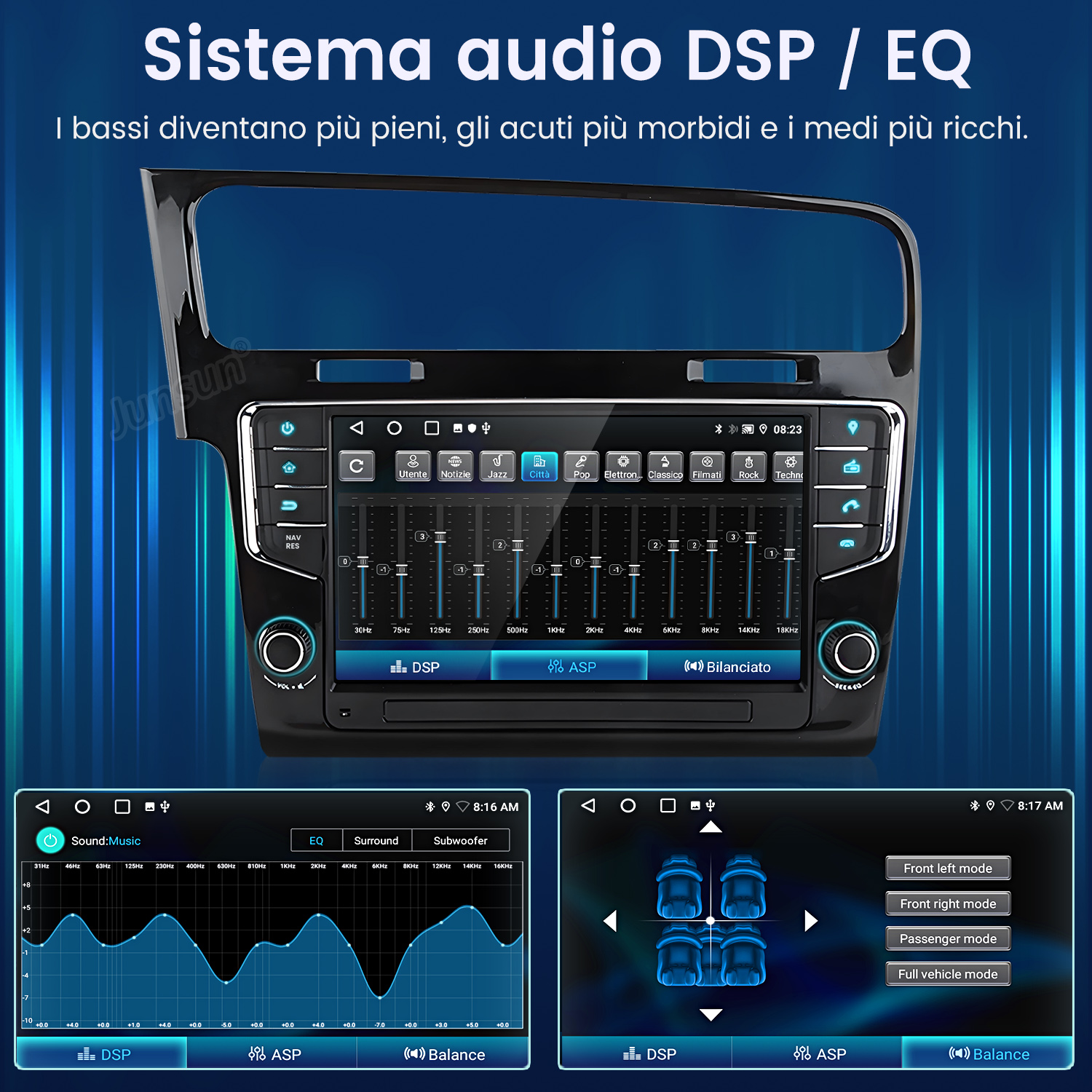 Sistema DSP/EQ per auto con impostazioni equalizzatore e audio.
