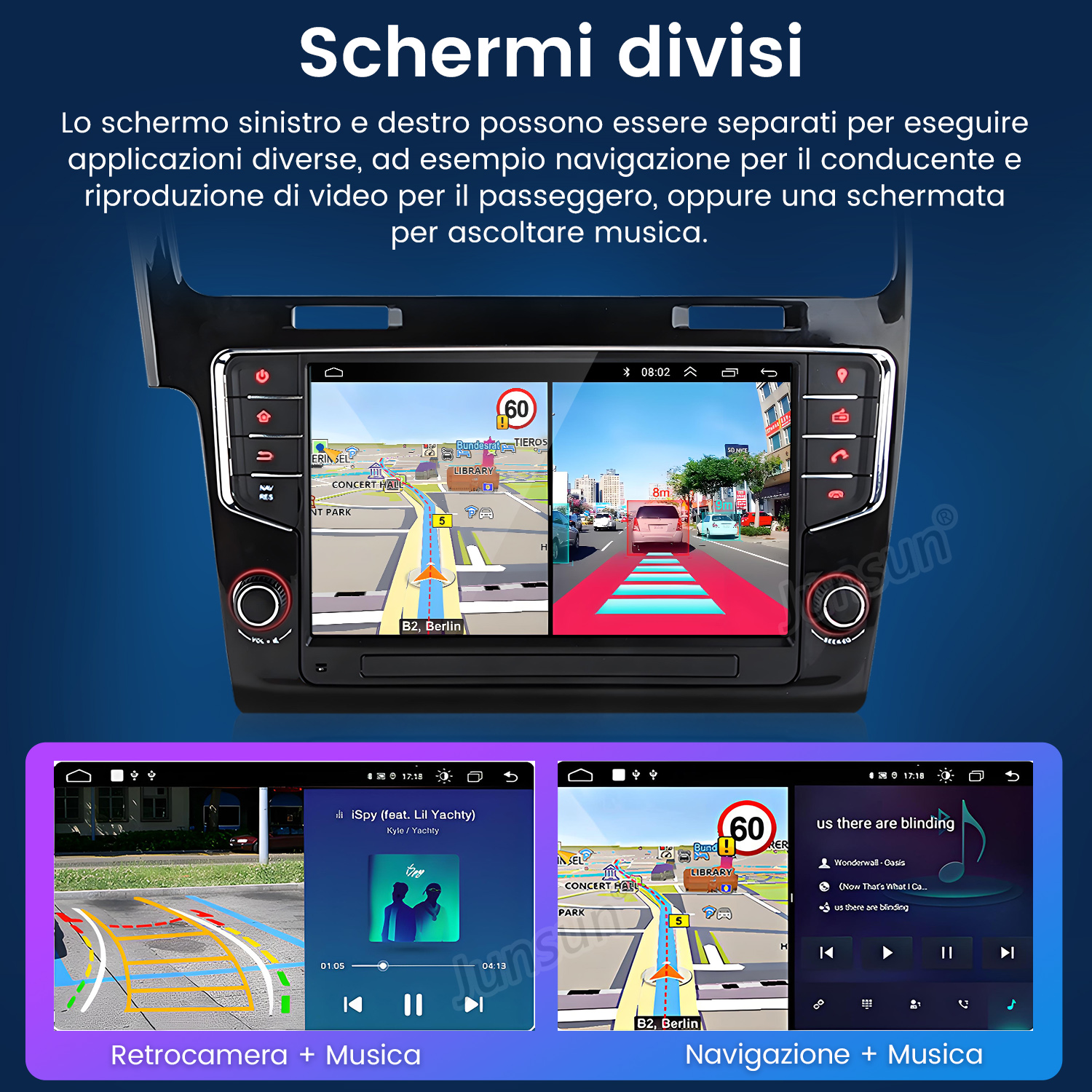 Schermo diviso mostra navigazione, retrocamera e musica.