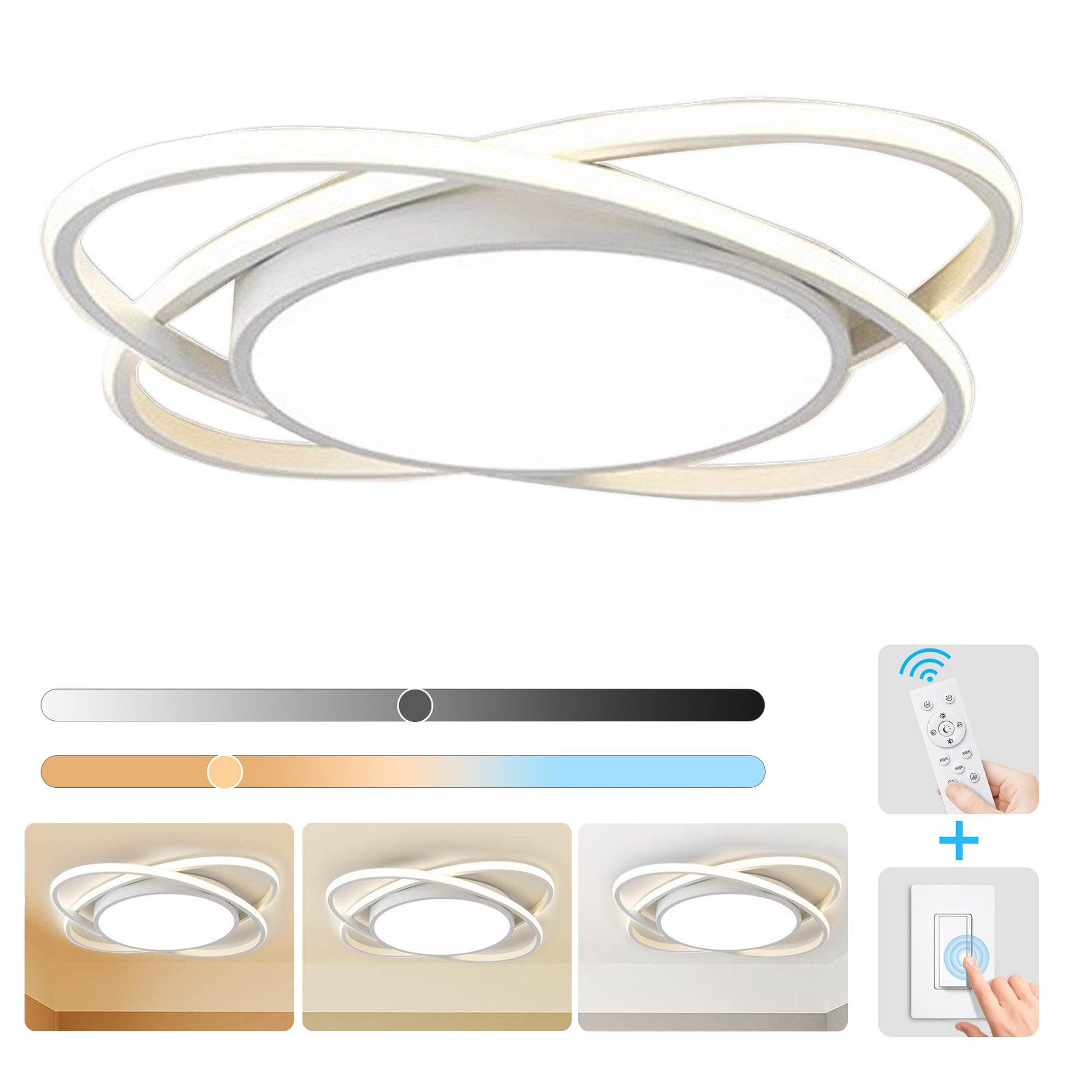 Moderne Deckenleuchte mit verschlungenen Ringen und Fernbedienung.