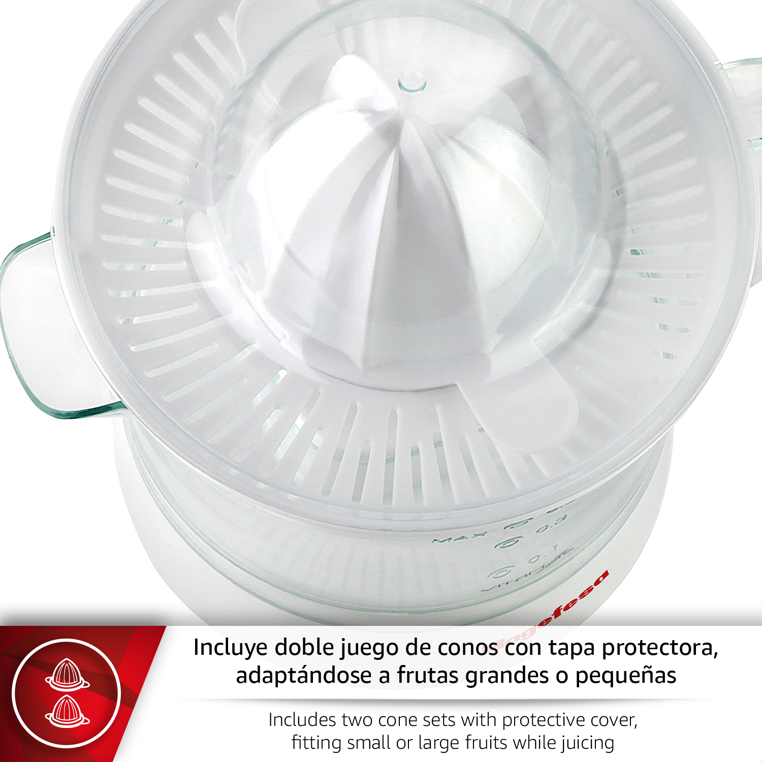 Un exprimidor blanco con tapa transparente y marcas de medida.