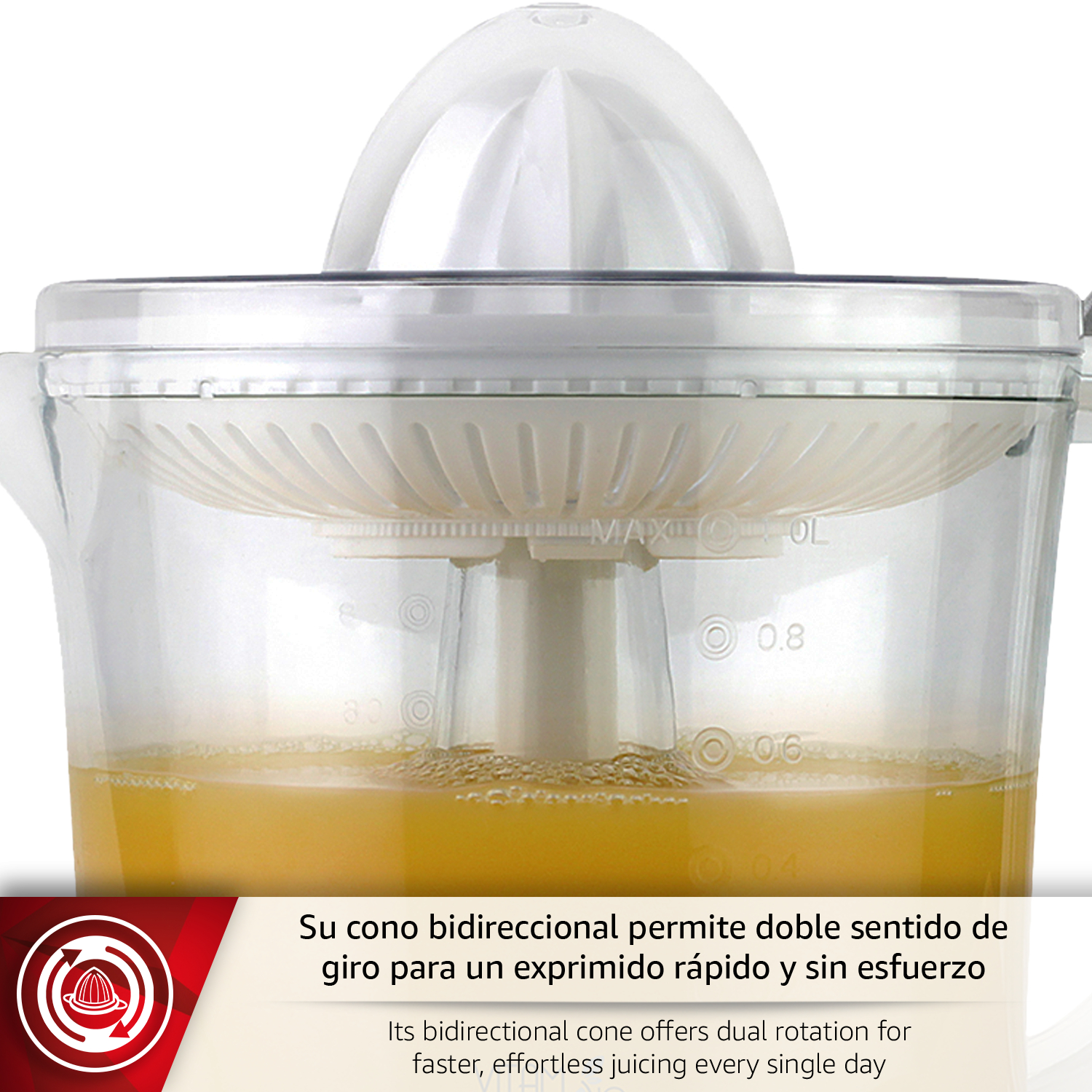 Un exprimidor transparente con jugo amarillo y tapa blanca.
