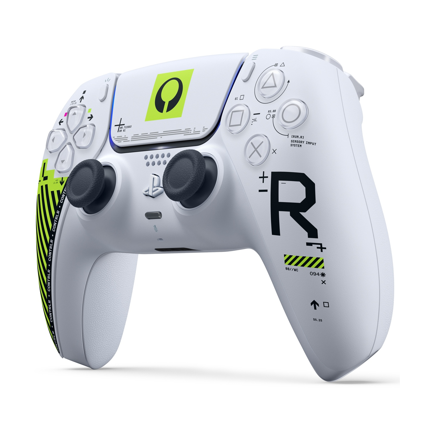 Ein weißer Controller mit schwarzen und neongrünen Markierungen. Nahaufnahme.