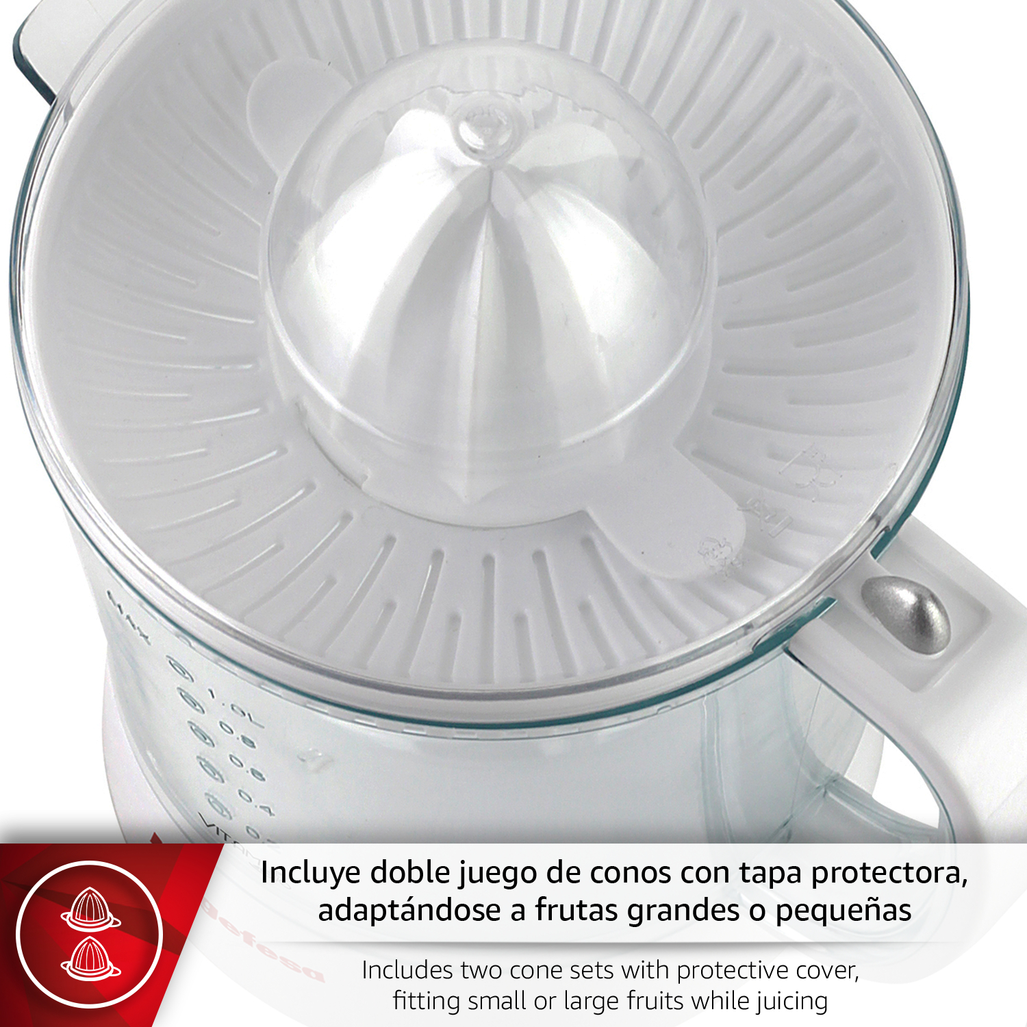Exprimidor blanco con tapa transparente y marcas de medida.