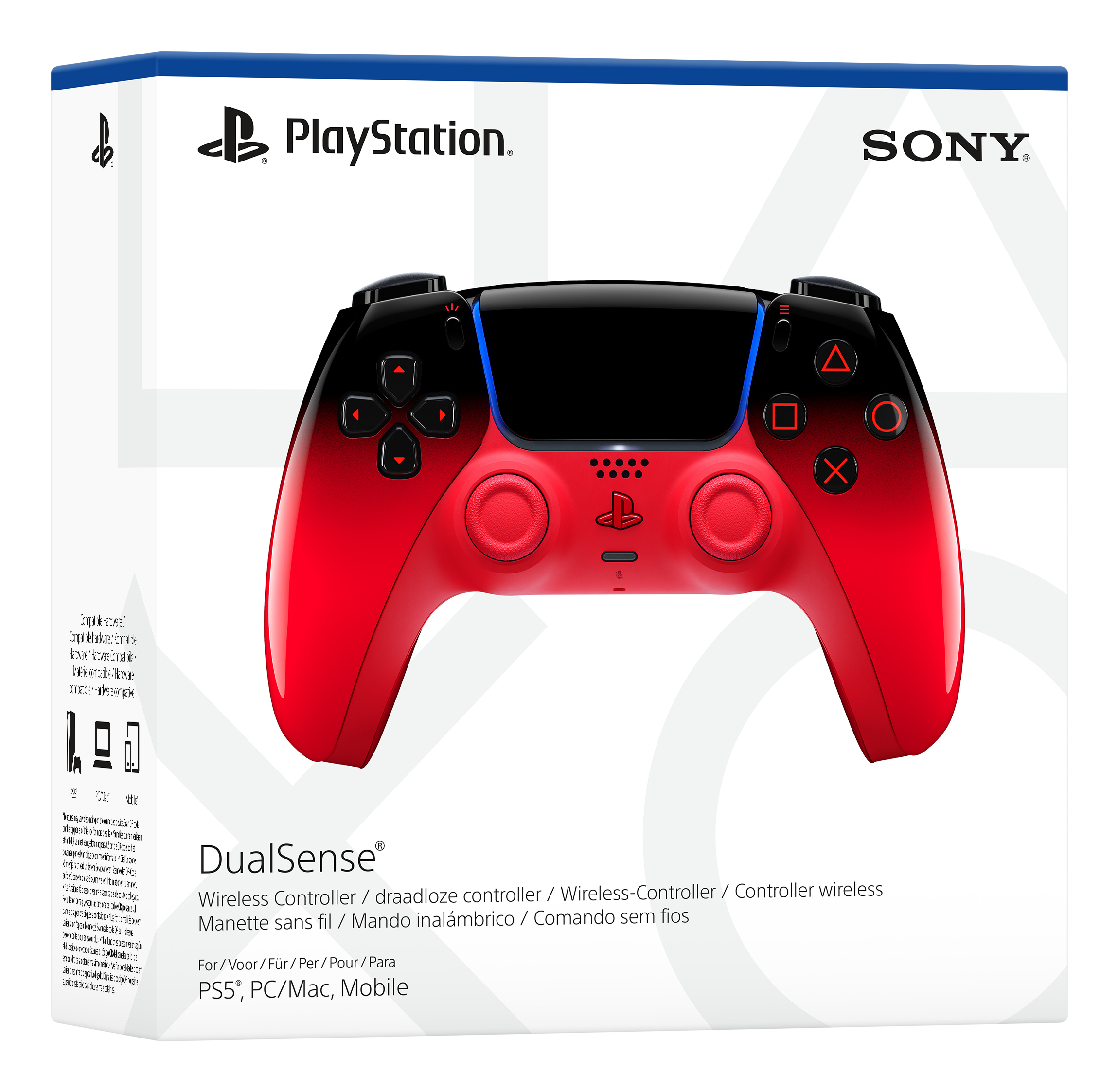 Rote und schwarze PlayStation DualSense-Controller-Verpackung mit Sony-Logo.