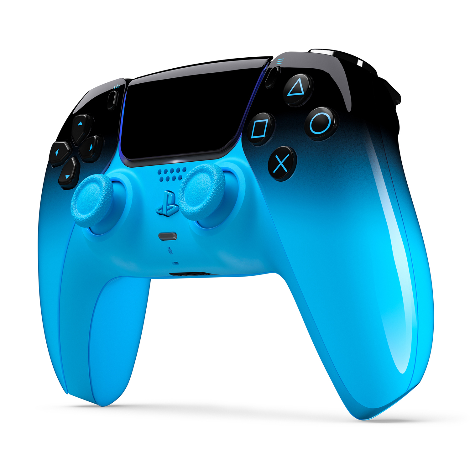 Ein blauer und schwarzer Gaming-Controller mit zwei Joysticks und Knöpfen.