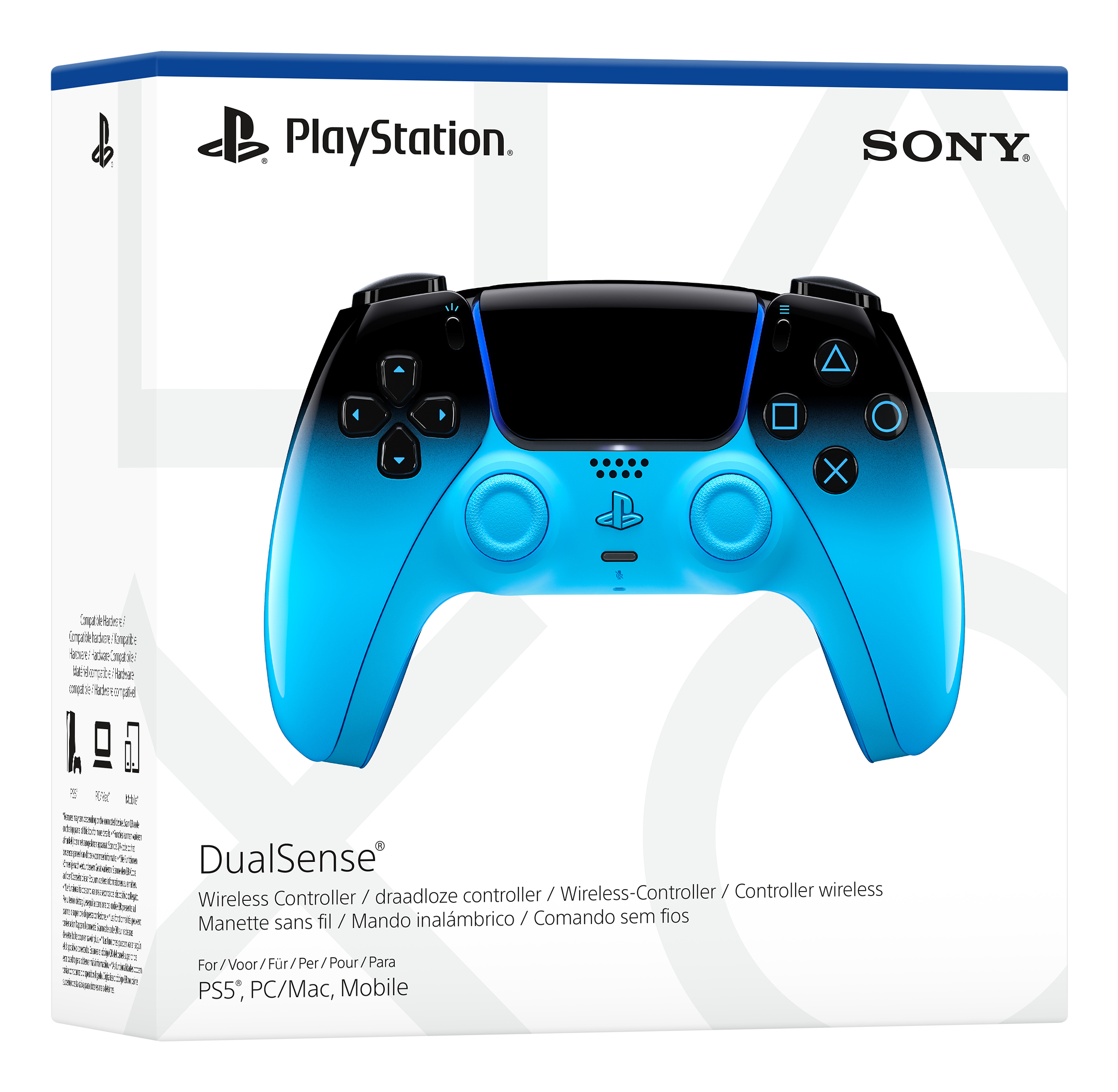 PlayStation DualSense Controller, blau-schwarz, auf weißer Verpackung.