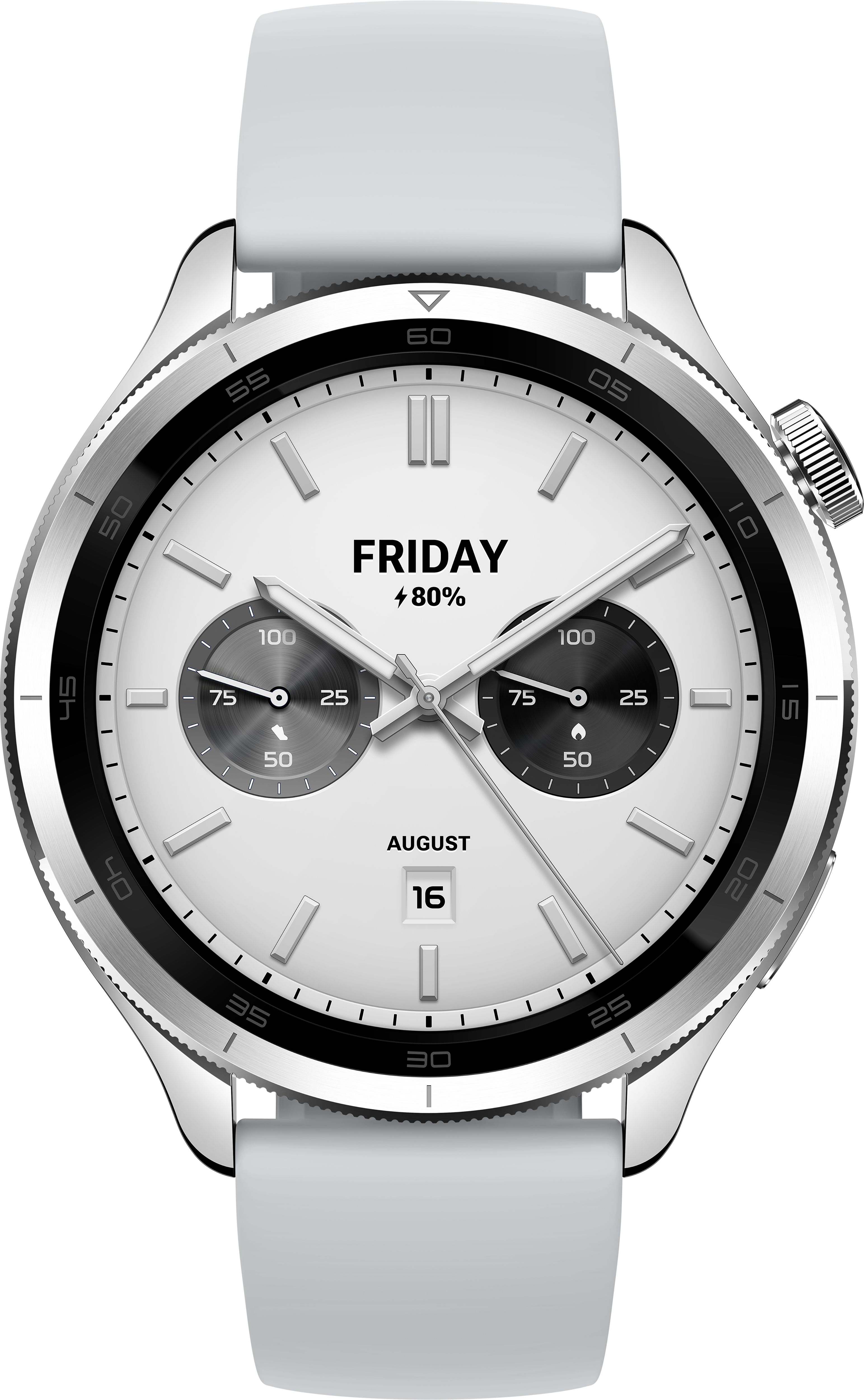 Srebrny smartwatch z białym cyferblatem, data 16 sierpnia, bateria 80%.