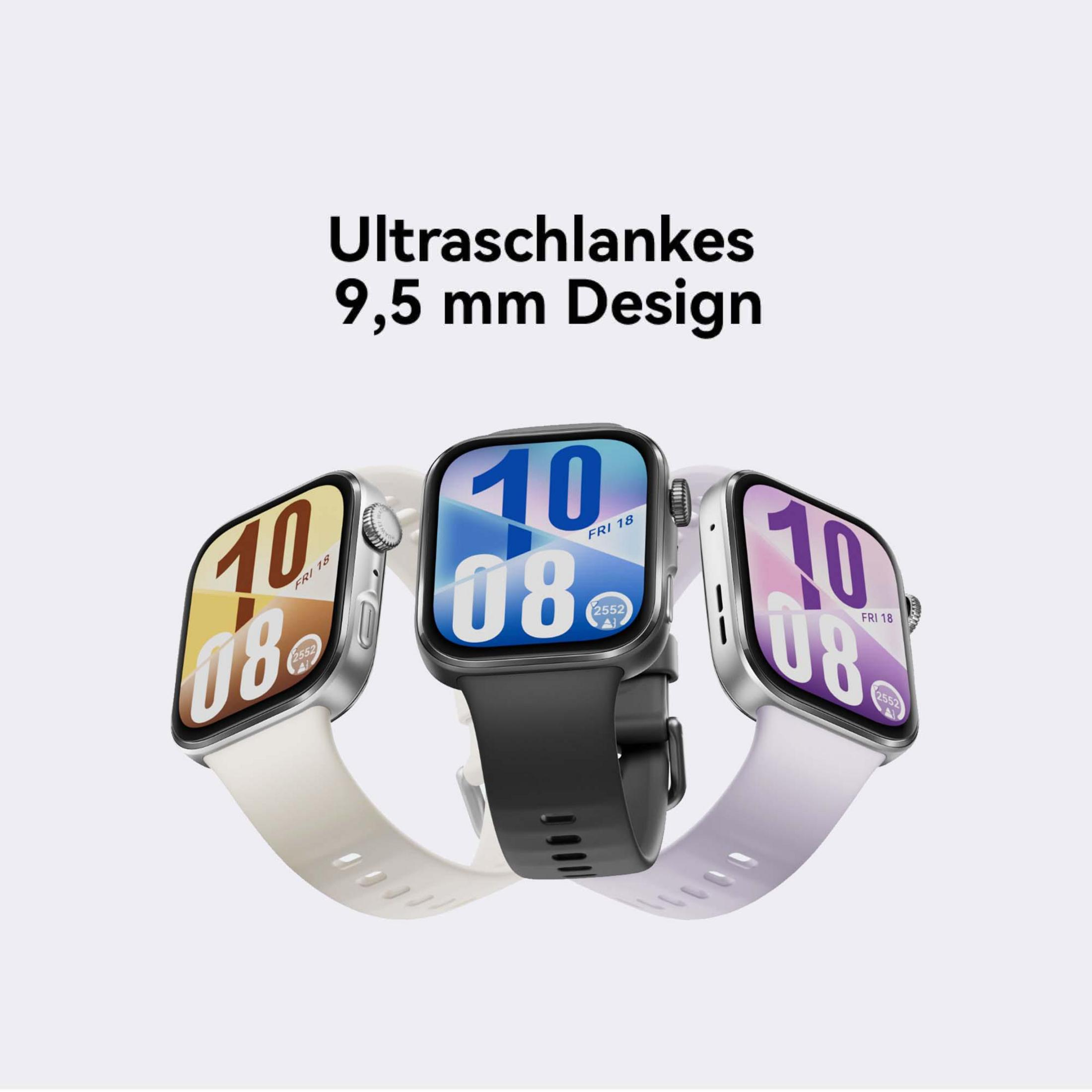 Drei schlanke Smartwatches mit verschiedenen Armbändern in Weiß, Schwarz und Lila.