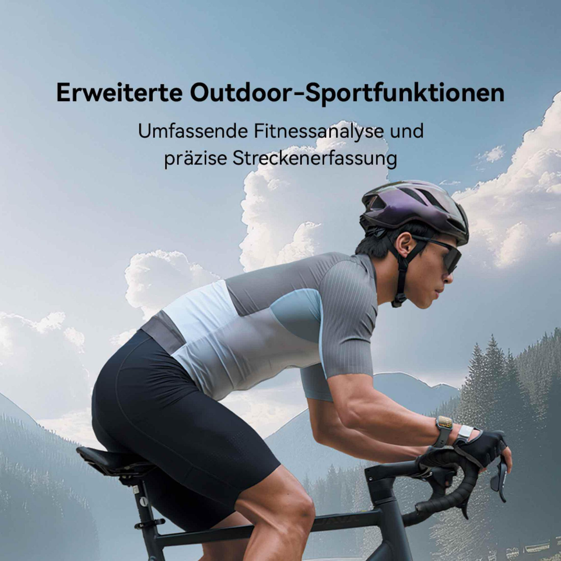 Radfahrer in Sportkleidung mit Helm und Brille auf einem Rennrad im Freien.