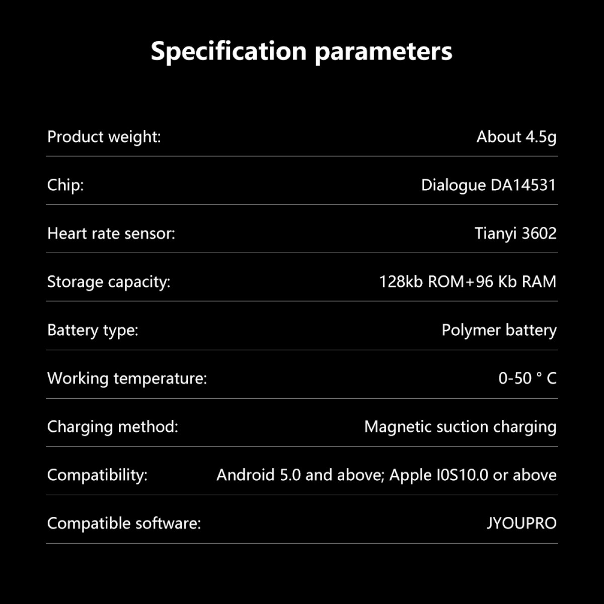 Specyfikacje: waga 4,5g, chip DA14531, czujnik tętna, 128kb ROM.