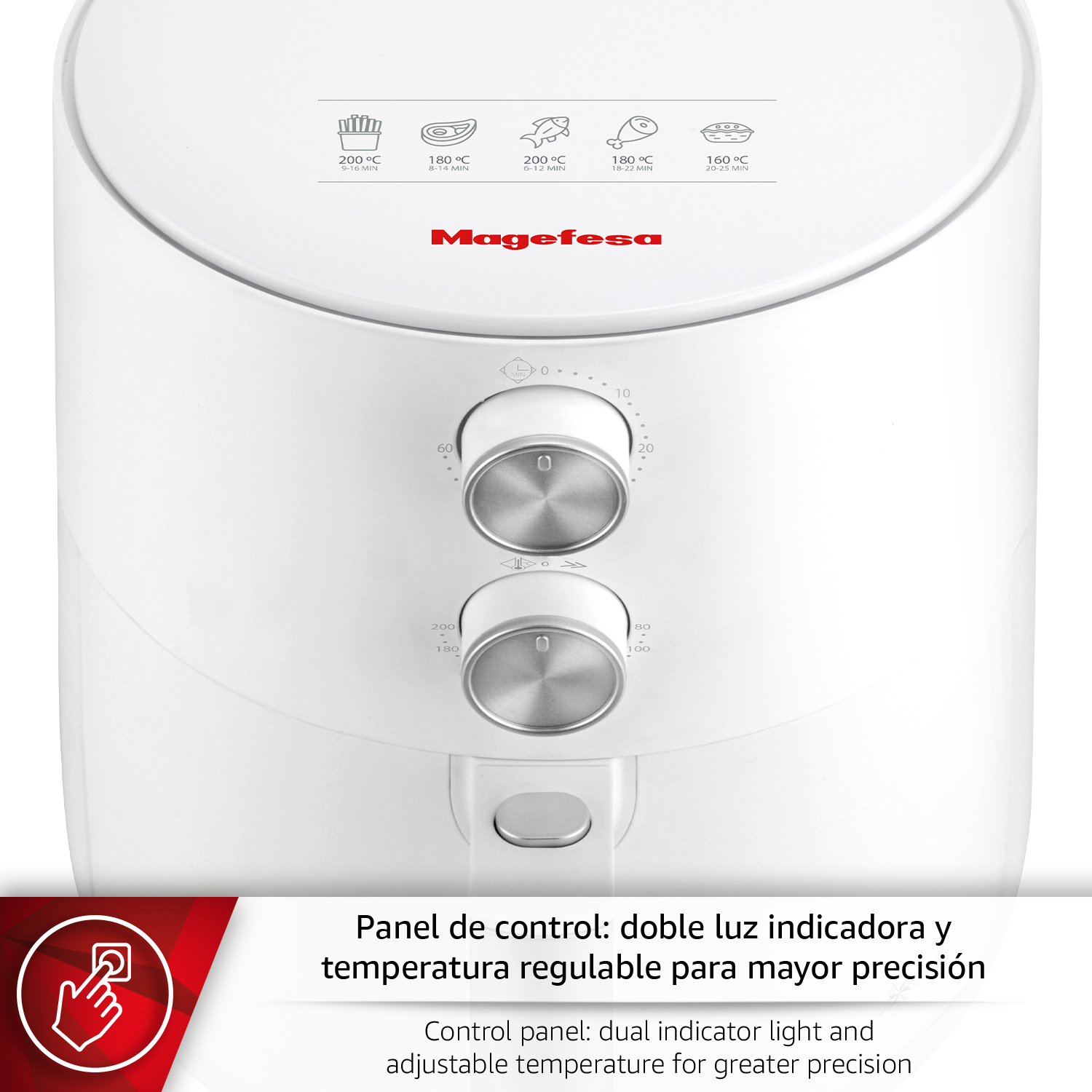 Freidora de aire Magfesa blanca con mandos giratorios e iconos de cocina.