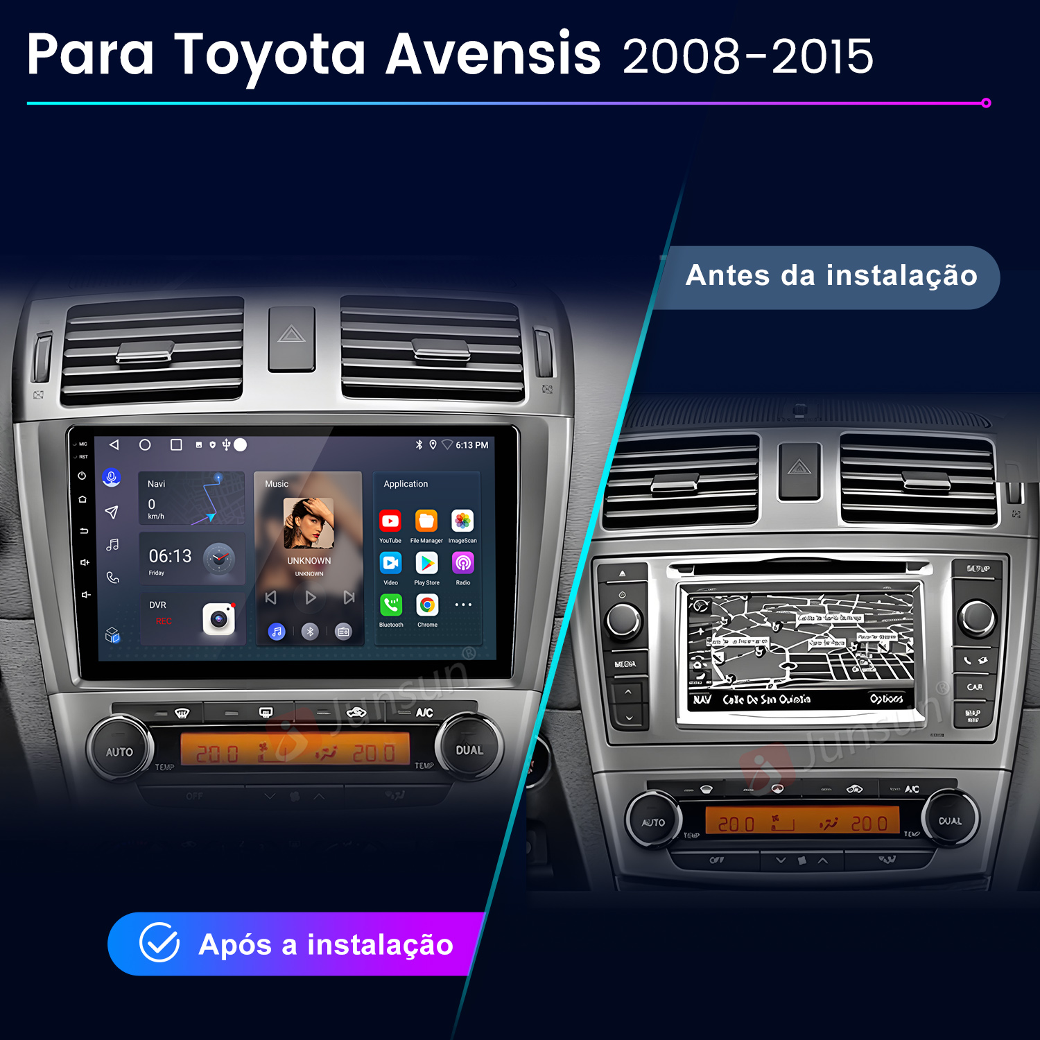 Comparación de un sistema de infoentretenimiento Toyota Avensis antes y después de la instalación.