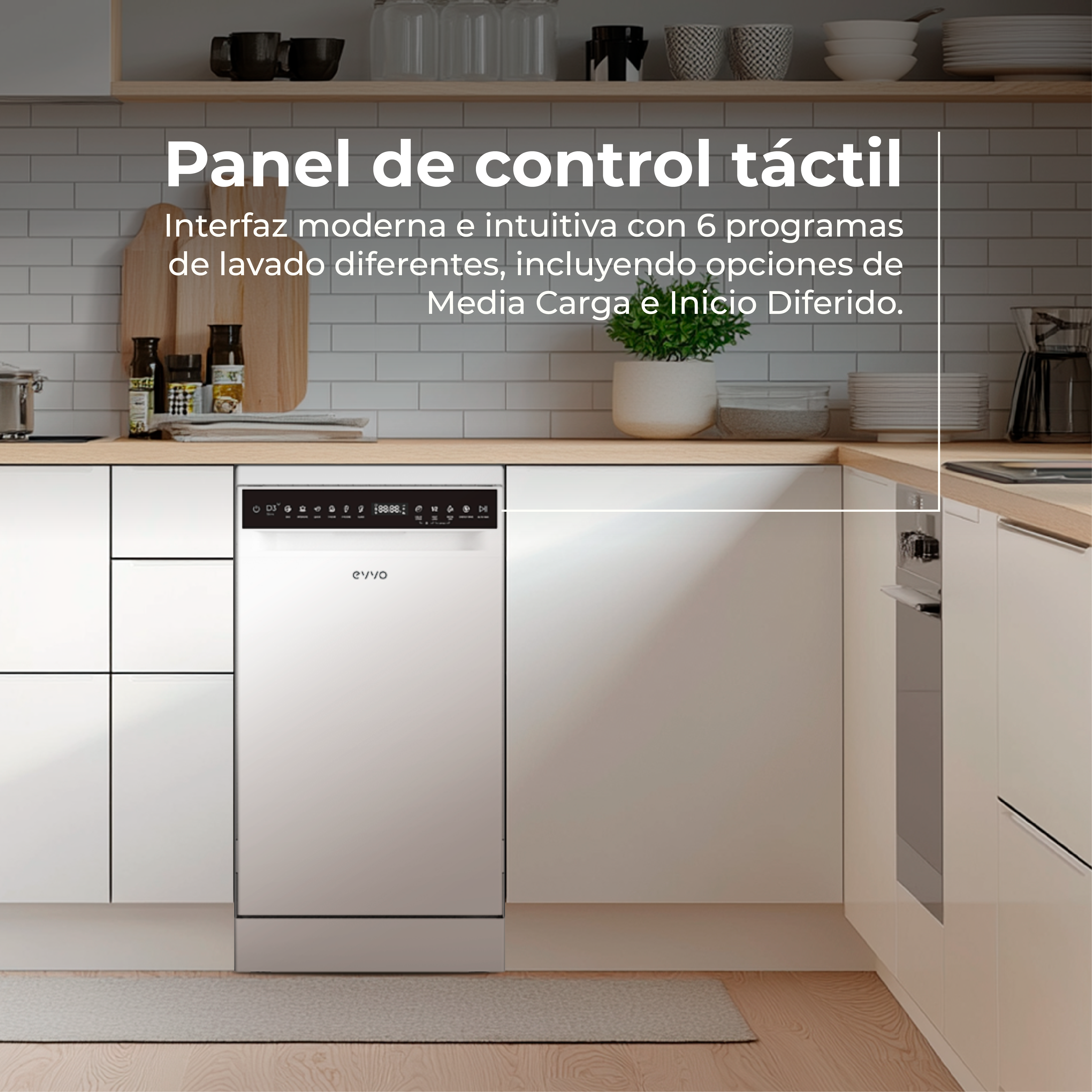 Un lavavajillas blanco moderno con panel de control táctil en una cocina.