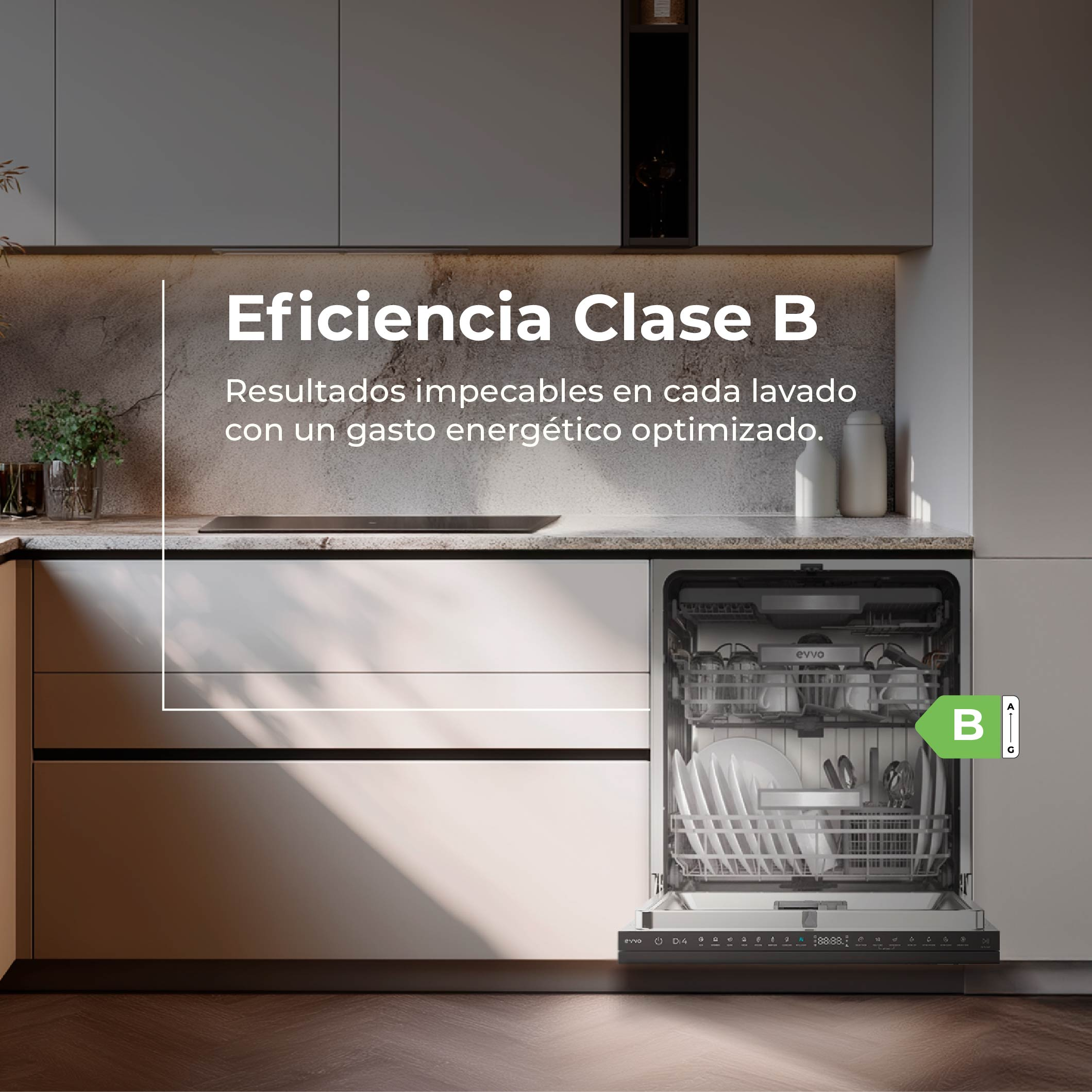 Un lavavajillas abierto con platos dentro y etiqueta de eficiencia energética clase B.