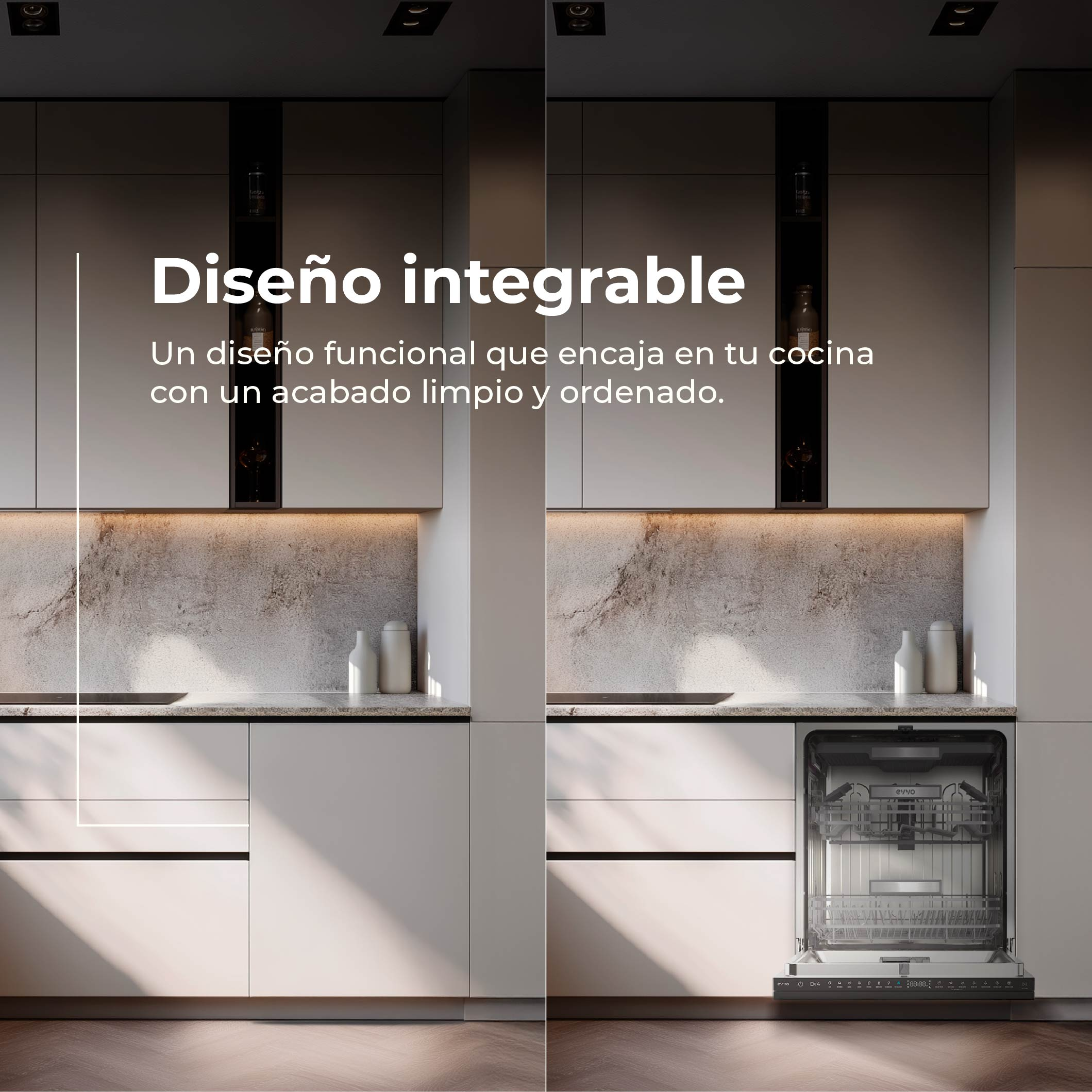 Una cocina con diseño integrado, un lavavajillas abierto.