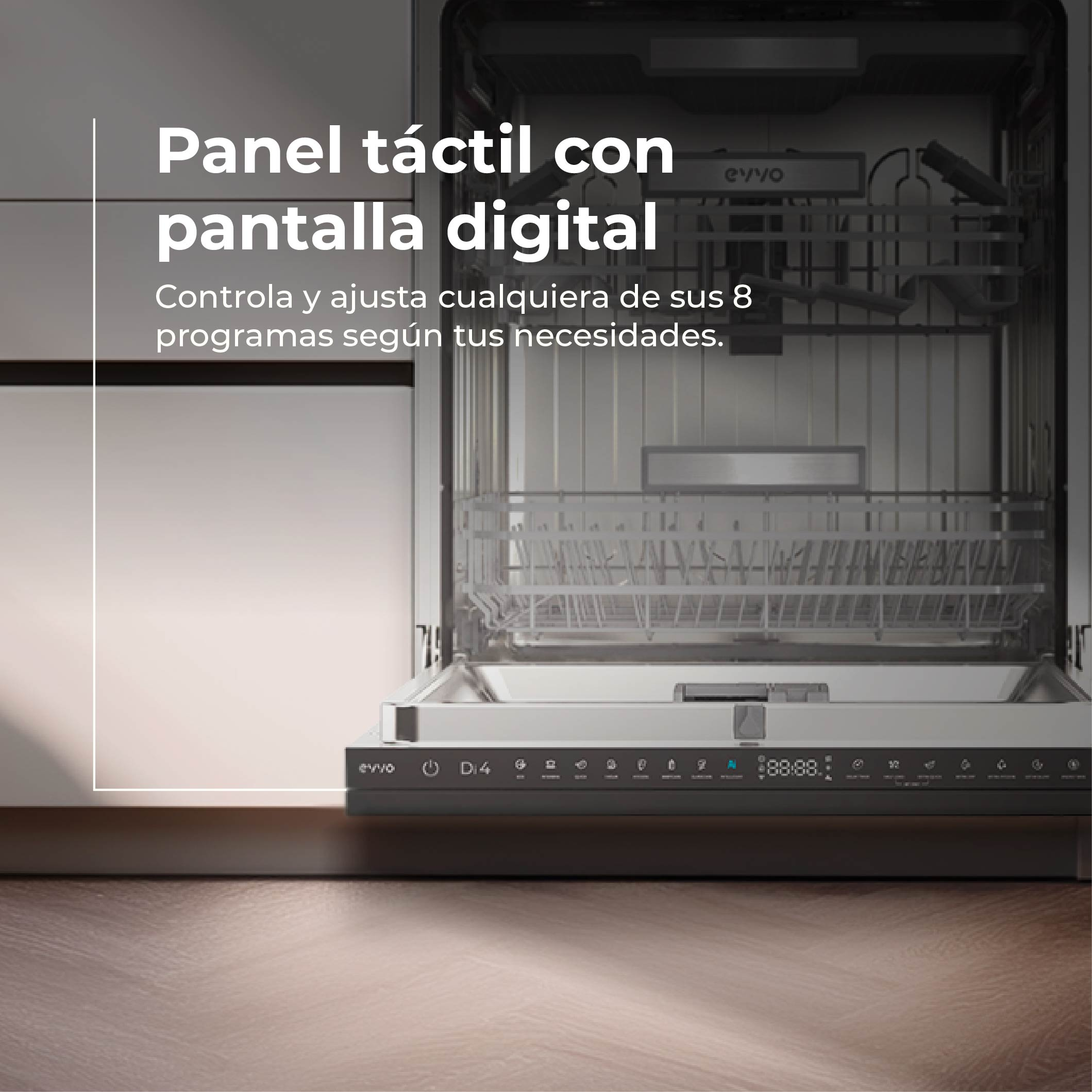 Un lavavajillas abierto con panel táctil y pantalla digital, que ofrece 8 programas.