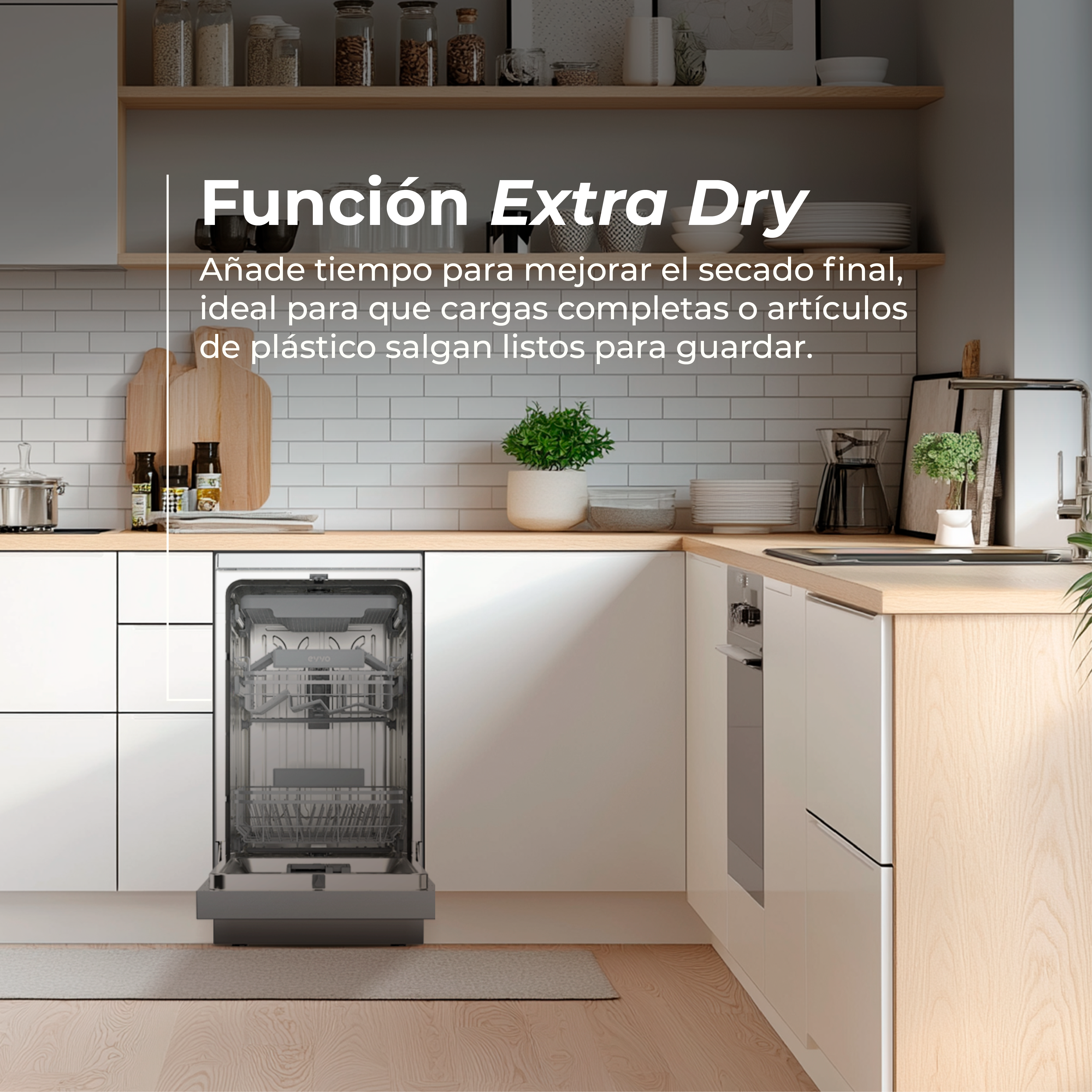 Un lavavajillas abierto en una cocina moderna con encimeras de madera.